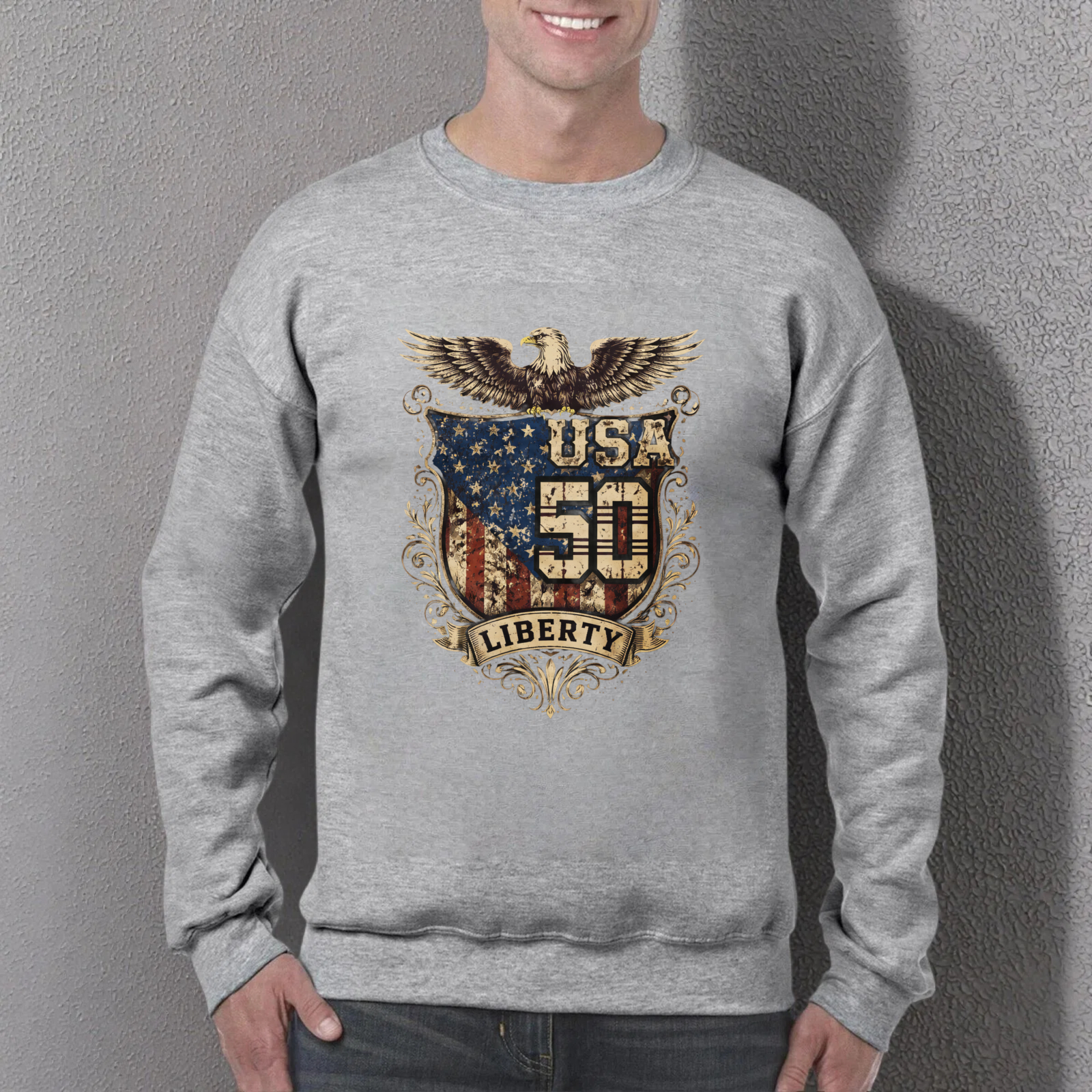 Usa 50 Liberty Eagle American Flag Sweatshirt Crewneck Pullover Long Sleeve Black