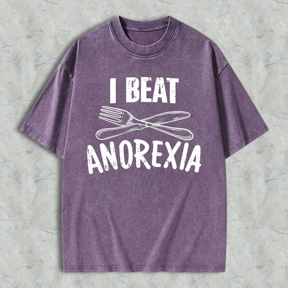 I Beat Anorexia Novelty Graphic  Washed T-shirt