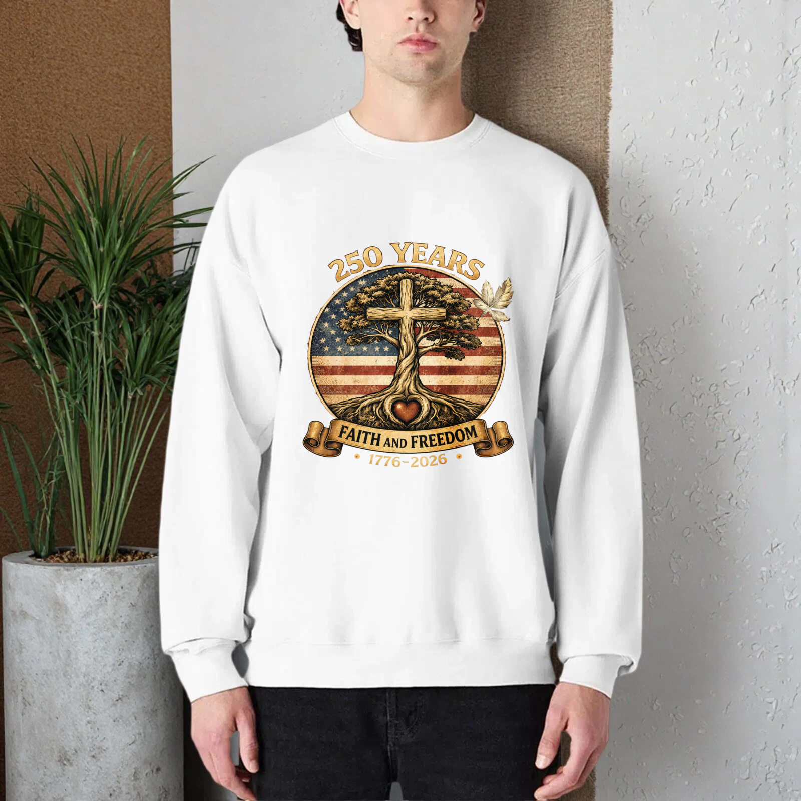 250 Years Faith And Freedom 1776 2026 American Flag Cross Tree Sweatshirt