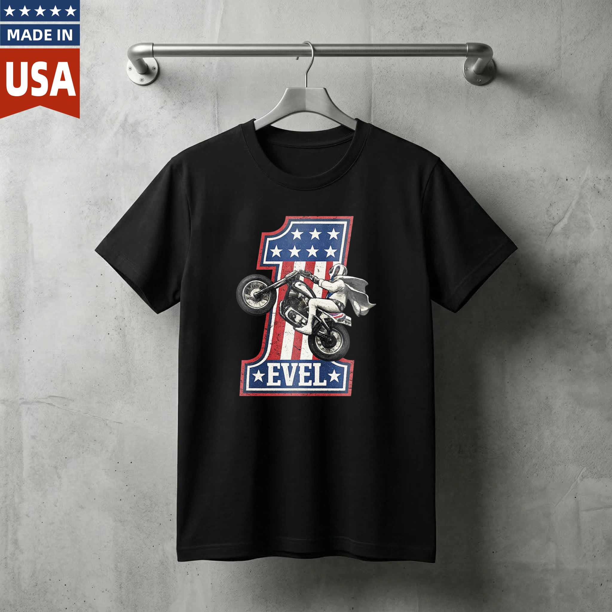 Evel Knievel American Flag Motorcycle T-Shirt Made In Usa