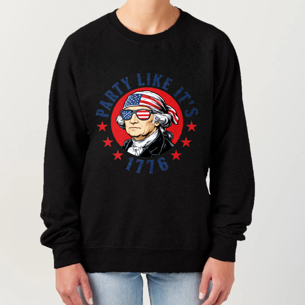 Patriotic George Washington Sweatshirt Party Like Its 1776 American Flag Design Unisex Crewneck Pullover Black
