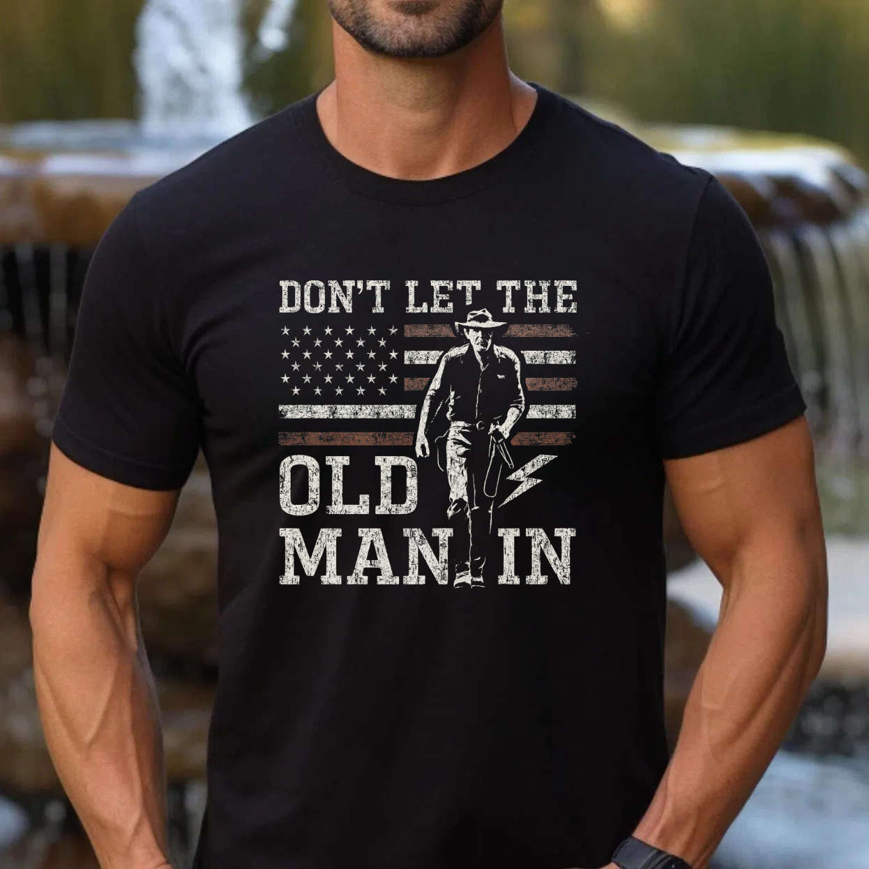 TEECURENT Dont Let The Old Man In American Flag Cowboy T Shirt