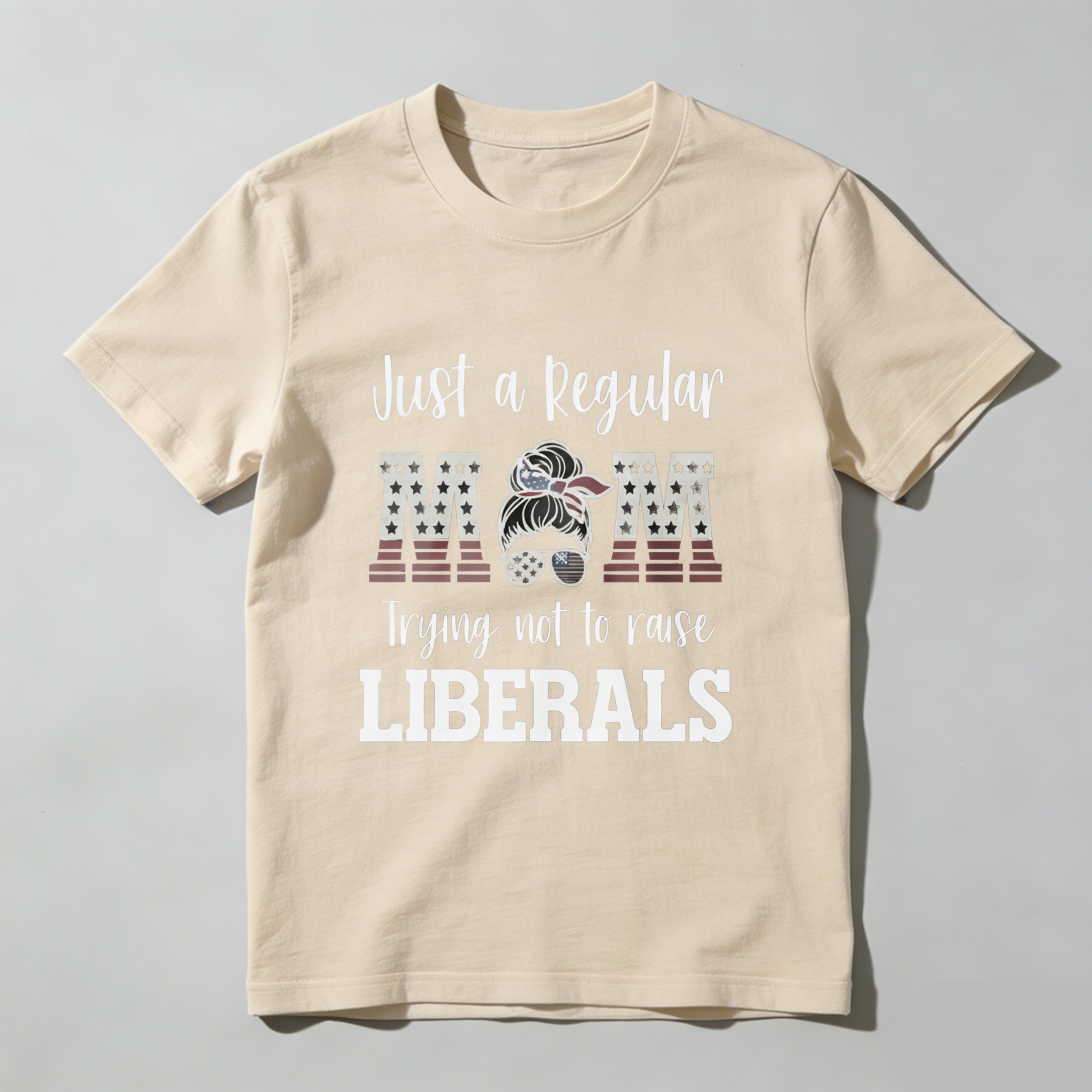 TEECURENT Just A Regular Mom Trying Not To Raise Liberals Patriotic American Flag T-Shirt For Women And Men WOMEN