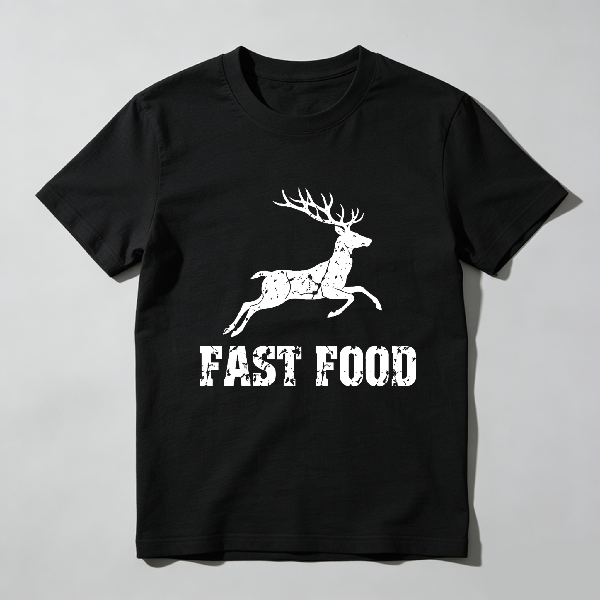 TEECURENT Fast Food Deer Running Graphic T-Shirt Black Men's Casual Shirt With Funny Wildlife Design-TeeCurent