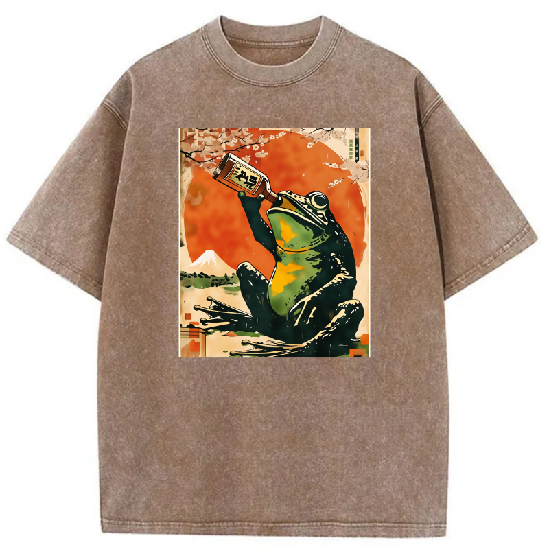 Frog Drinking Sake Under Cherry Blossoms tshirt 100% cotton