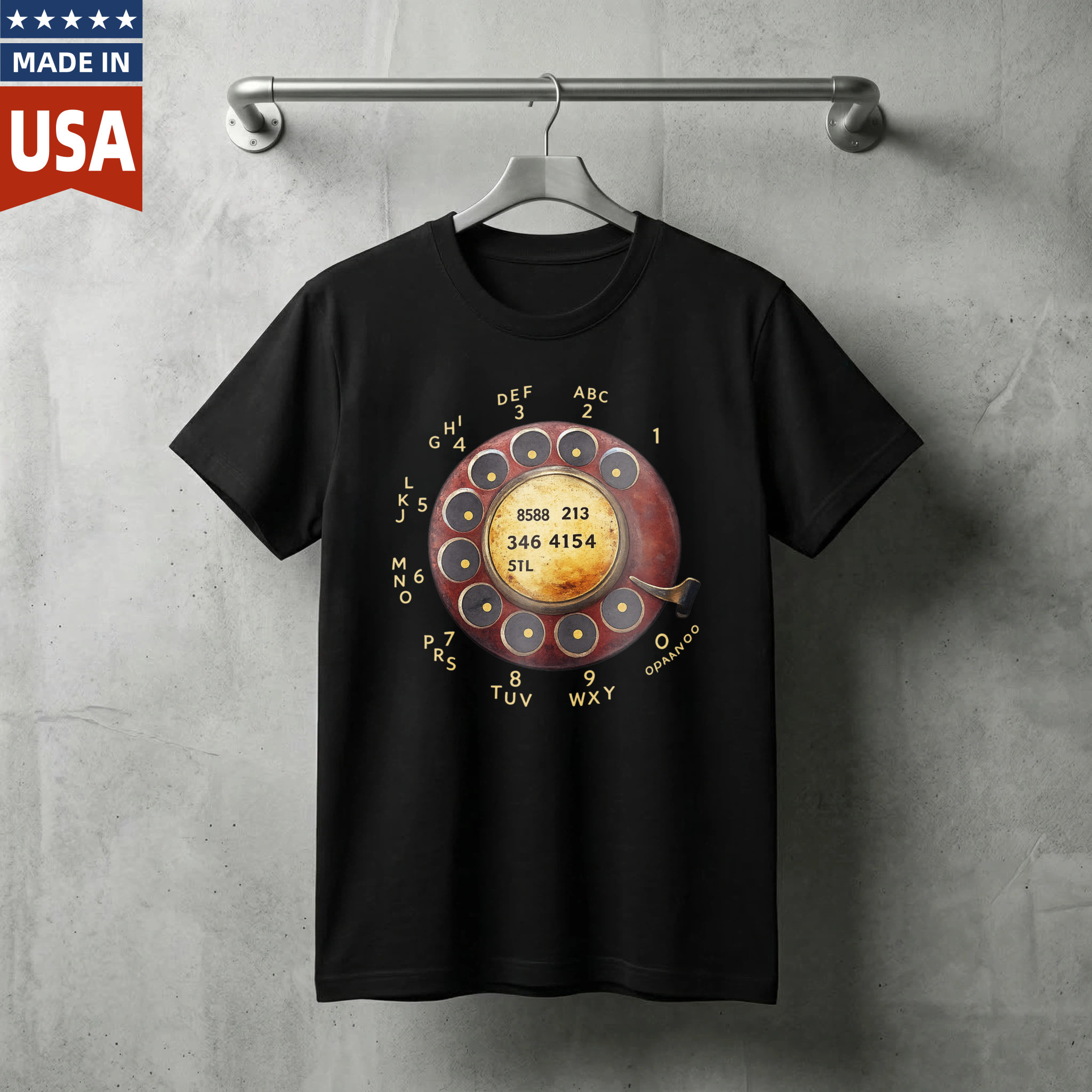Vintage Rotary Dial Phone T-Shirt Made In Usa Retro Telephone Design Black Cotton Shirt For Men And Women Classic Communication Theme Gift Idea