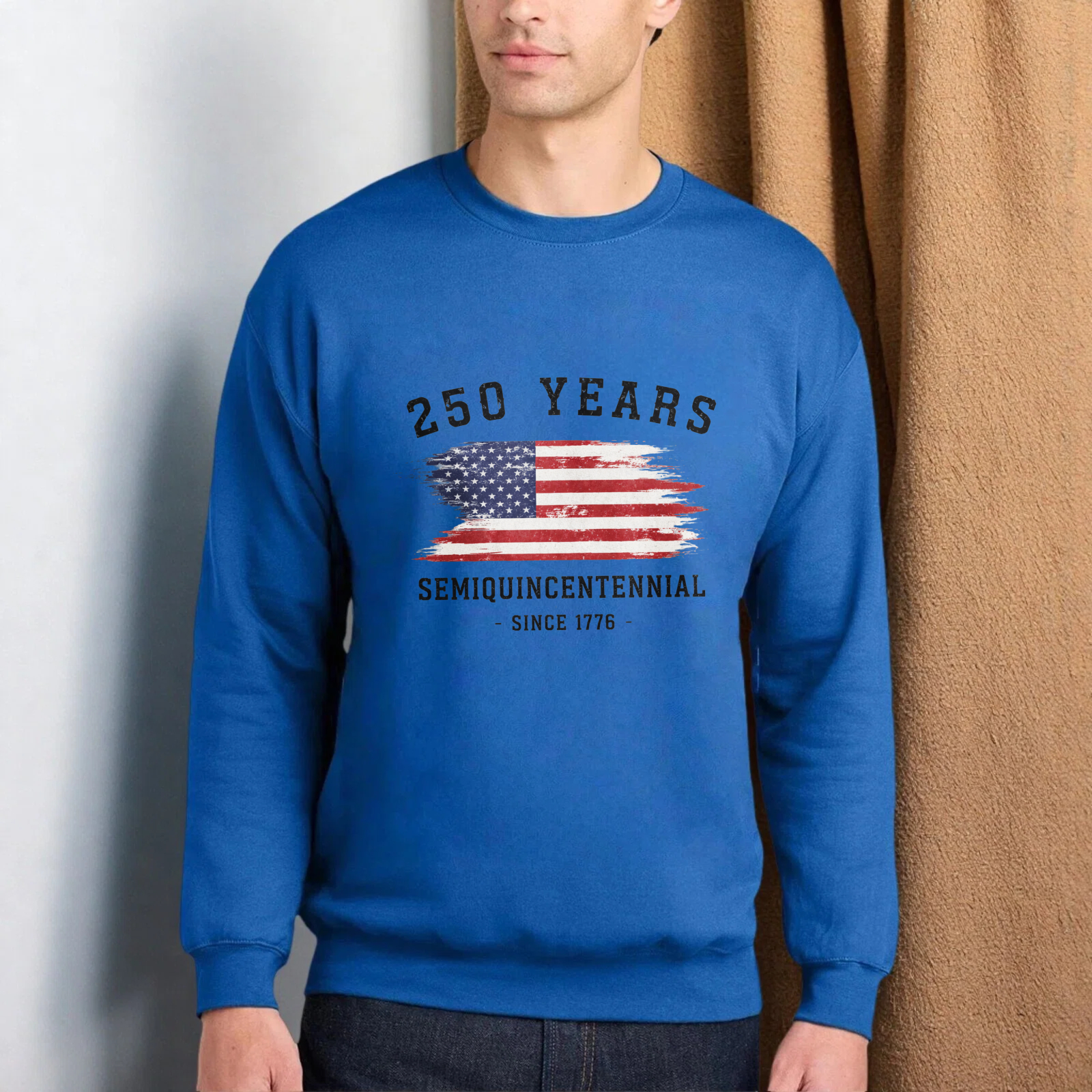 Black Sweatshirt With American Flag Design 250 Years Bicentennial Celebration Graphic Print Crewneck Long Sleeve Pullover Top