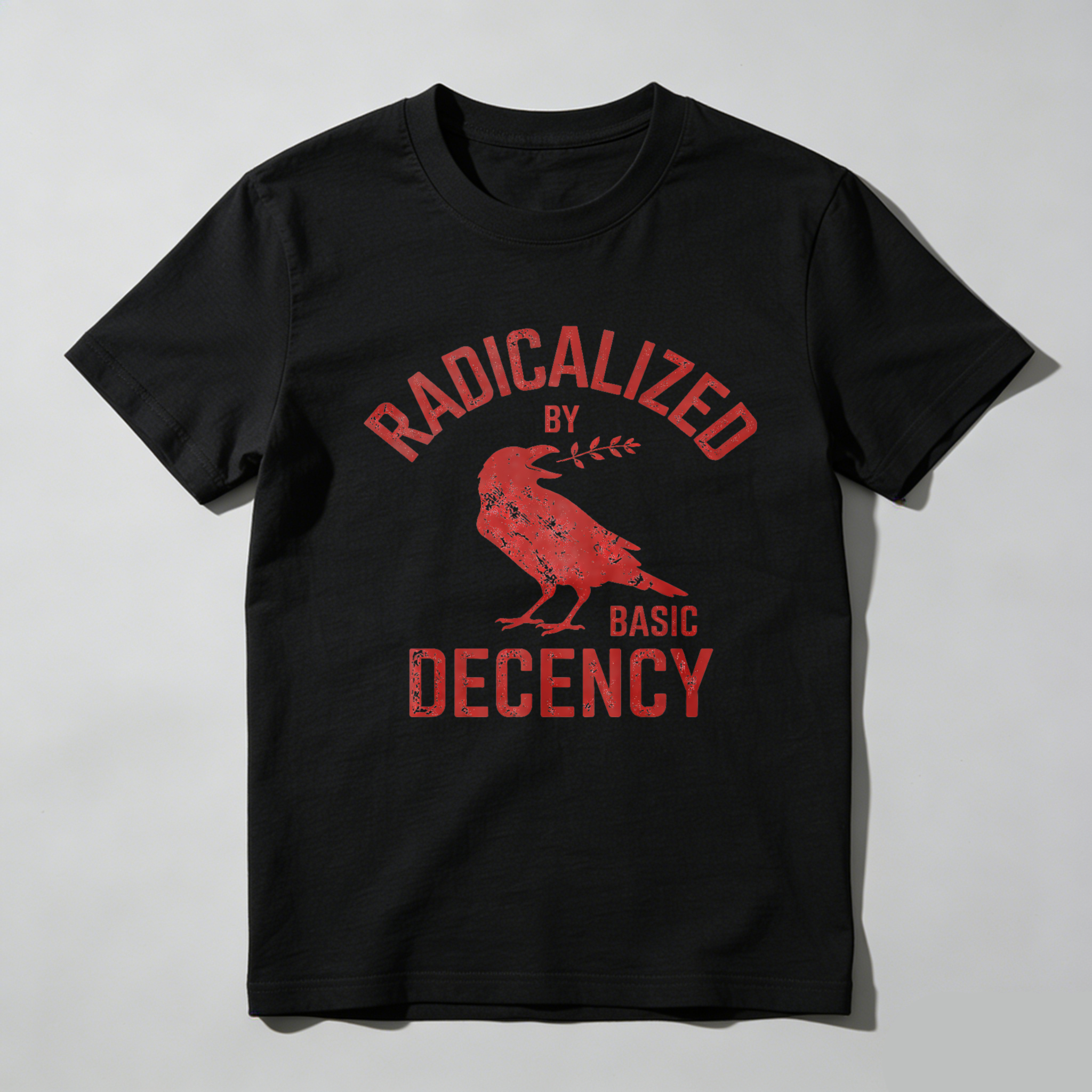 TEECURENTRadicalized By Basic Decency T Shirt With Crow Graphic Design Black Cotton Men Women Unisex Apparel-TeeCurent