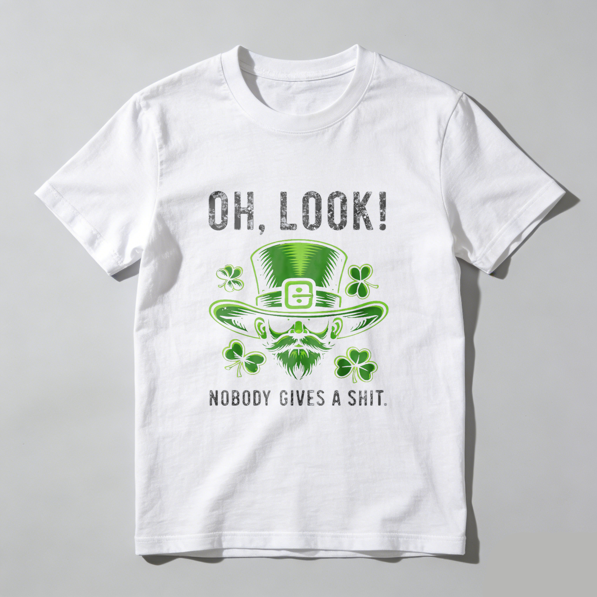 TEECURENT Oh Look Nobody Gives A Shit St Patrick's Day T-Shirt With Leprechaun Hat And Shamrocks Design For Men Women Funny Irish Holiday Shirt