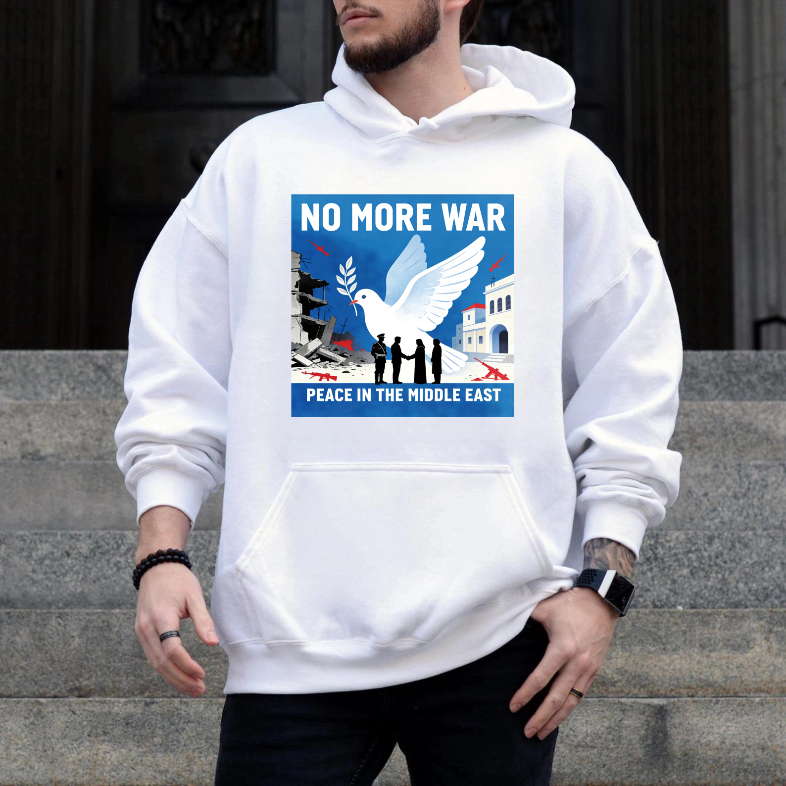 TEECURENT No More War Peace In The Middle East Hoodie With Dove And Olive Branch Design For Peace Advocates