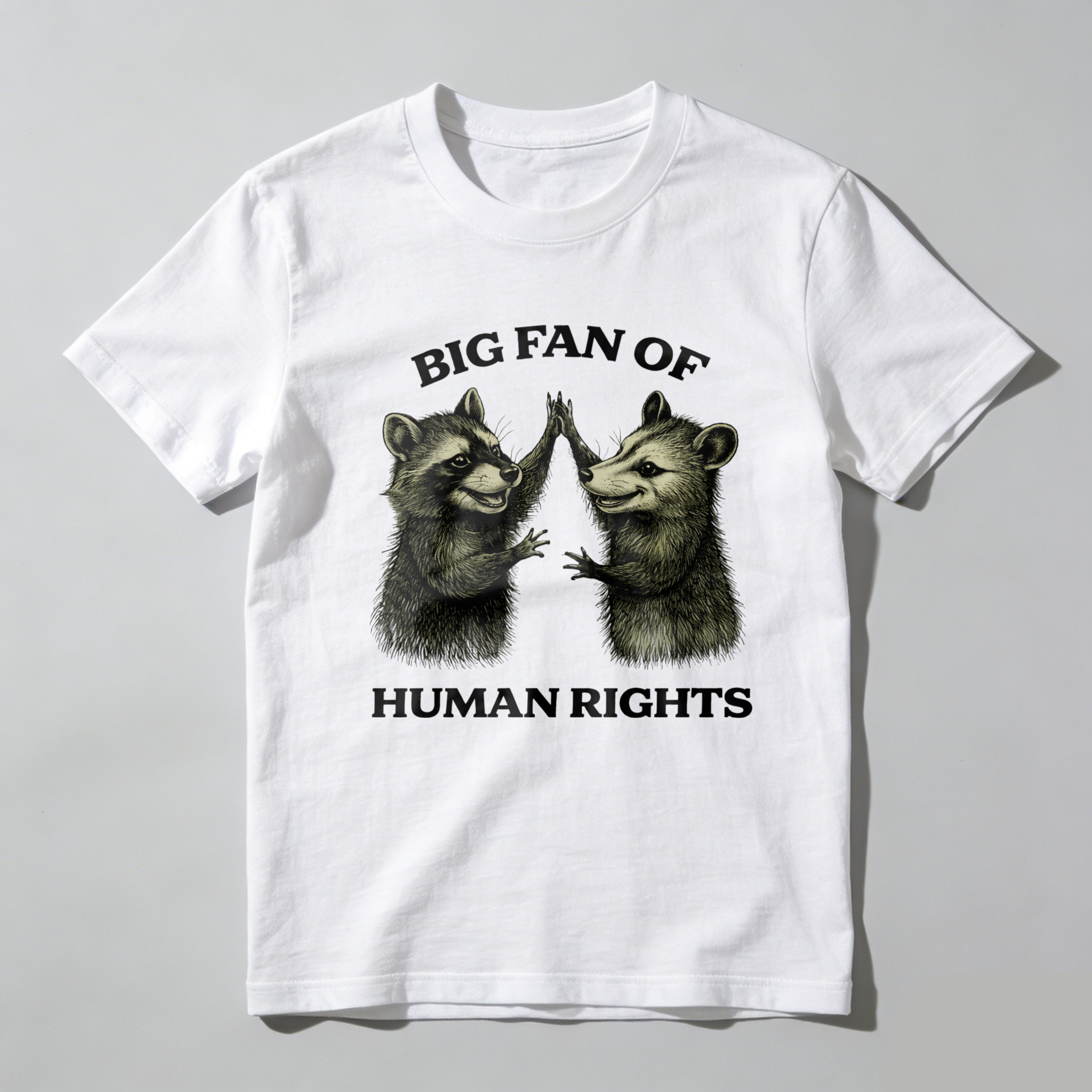 TEECURENTBig Fan Of Human Rights Raccoon Graphic T-Shirt For Men And Women Unisex Design Black Cotton Shirt With Animal Art Print-TeeCurent