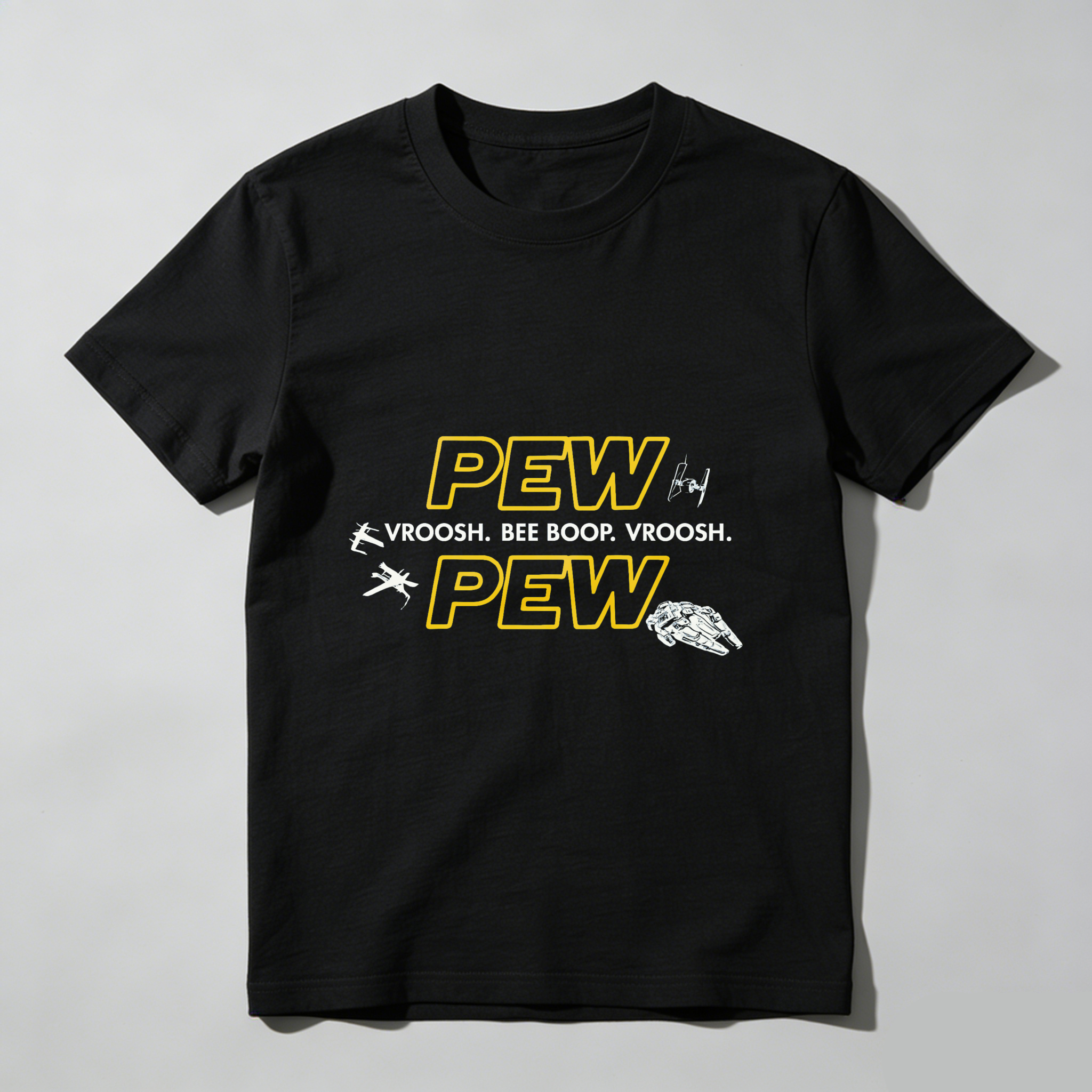 TEECURENT Pew Pew Star Wars Inspired T-Shirt With Spaceship And Sound Effects Design For Fans Of Sci Fi And Pop Culture
