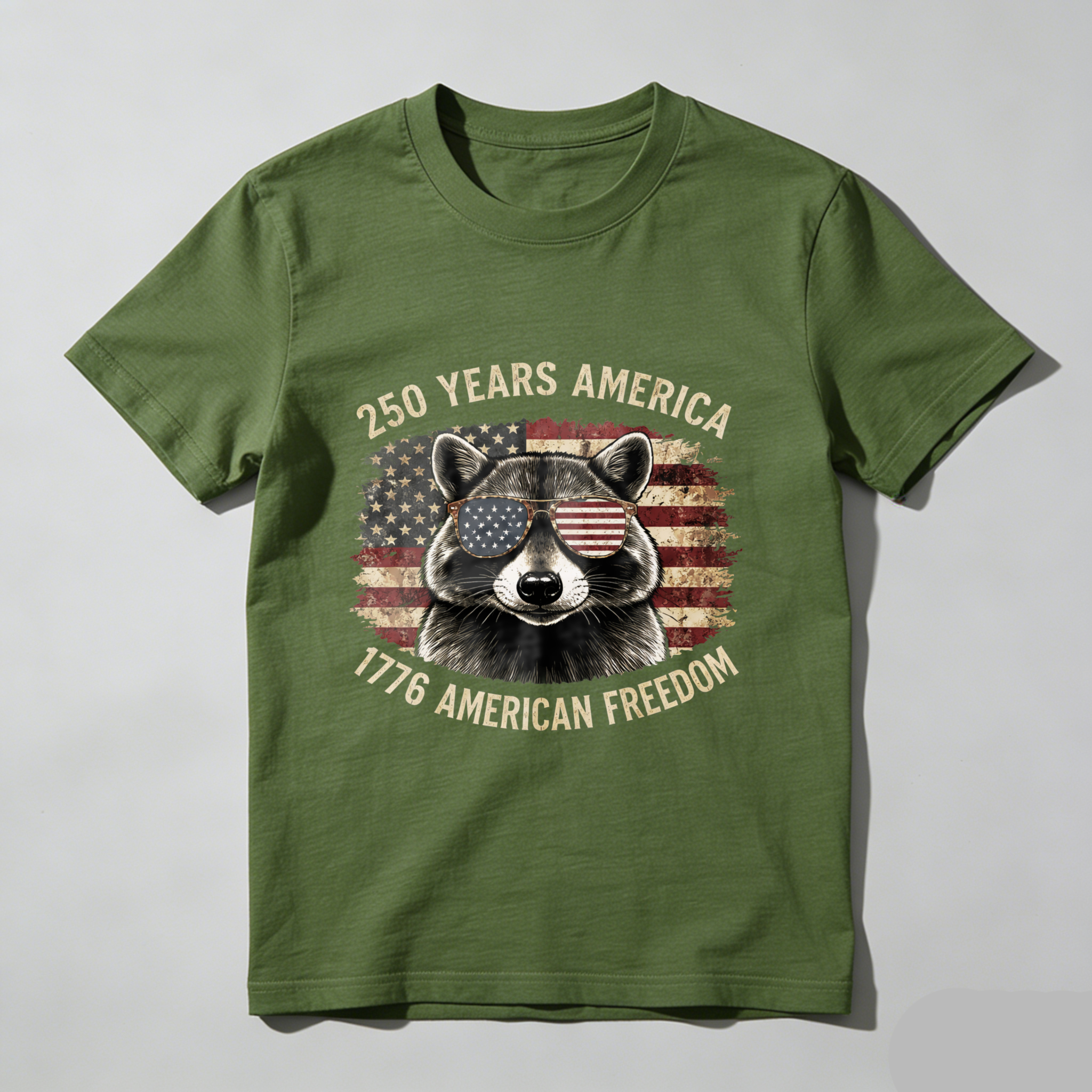 250 Years America 1776 American Freedom Raccoon With Usa Flag Sunglasses T Shirt