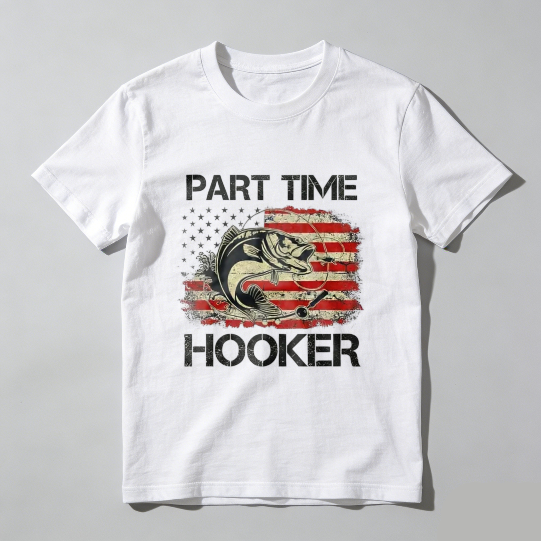 Casual, Men's T-Shirt, Part Time Hooker With American Flag Fish Design, Outdoor Fishing, Gift For Fishermen