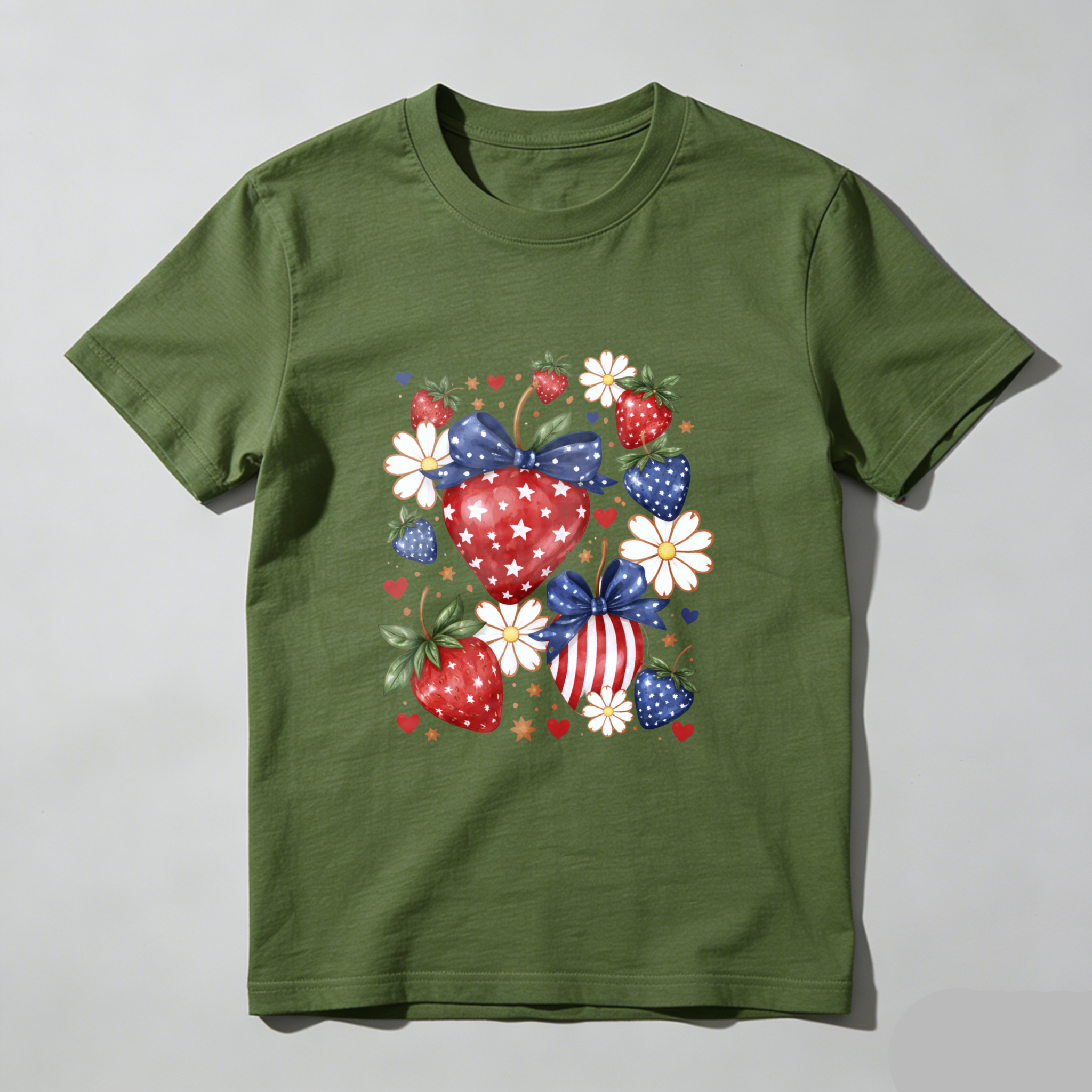 TEECURENT Patriotic Strawberry Heart Design American Flag Theme T Shirt Independence Day Celebration Apparel Red White Blue Stars And Stripes Fruit Pattern Casual Wear For Men Women Unisex Fashion Top WOMEN