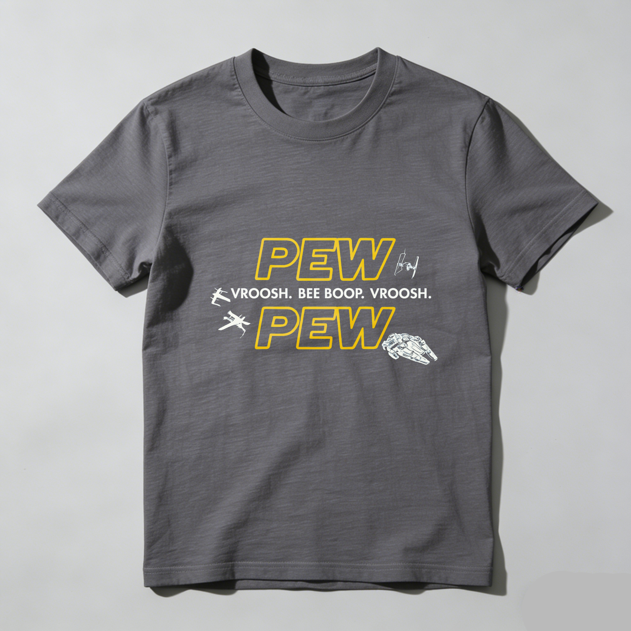 TEECURENT Pew Pew Star Wars Inspired T-Shirt With Spaceship And Sound Effects Design For Fans Of Sci Fi And Pop Culture