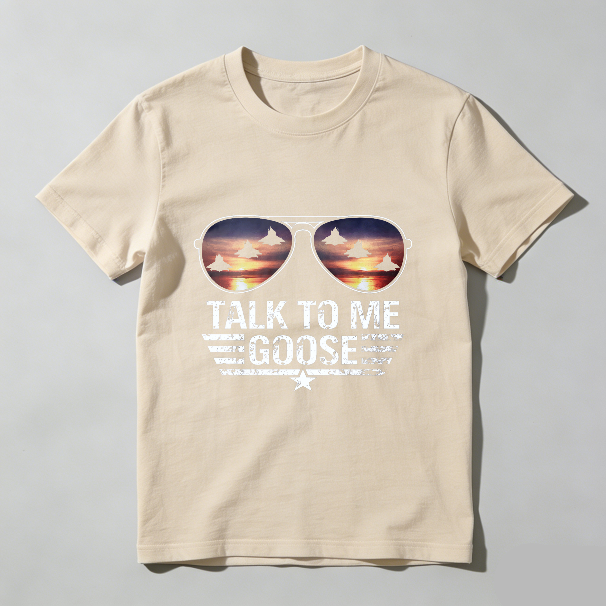 TEECURENT Talk To Me Goose Aviator Sunglasses T-Shirt Top With Jet Fighters Sunset Design For Men And Women