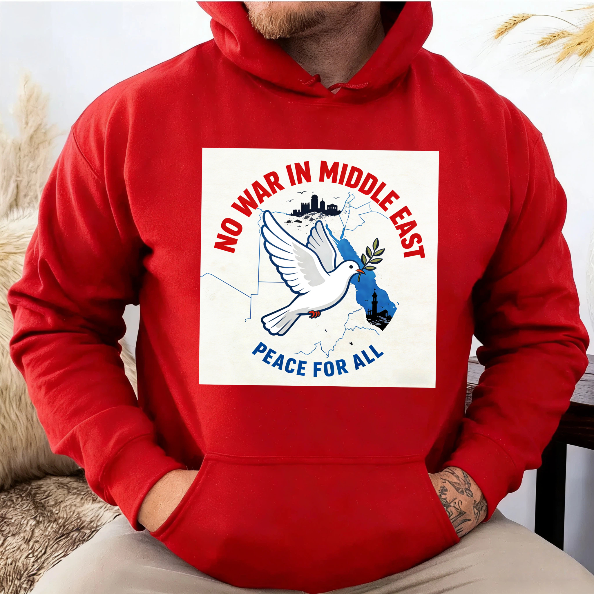 TEECURENT No War In Middle East Peace For All Hoodie Anti War Message Sweatshirt For Men Women Unisex Pullover With Dove And Olive Branch Design