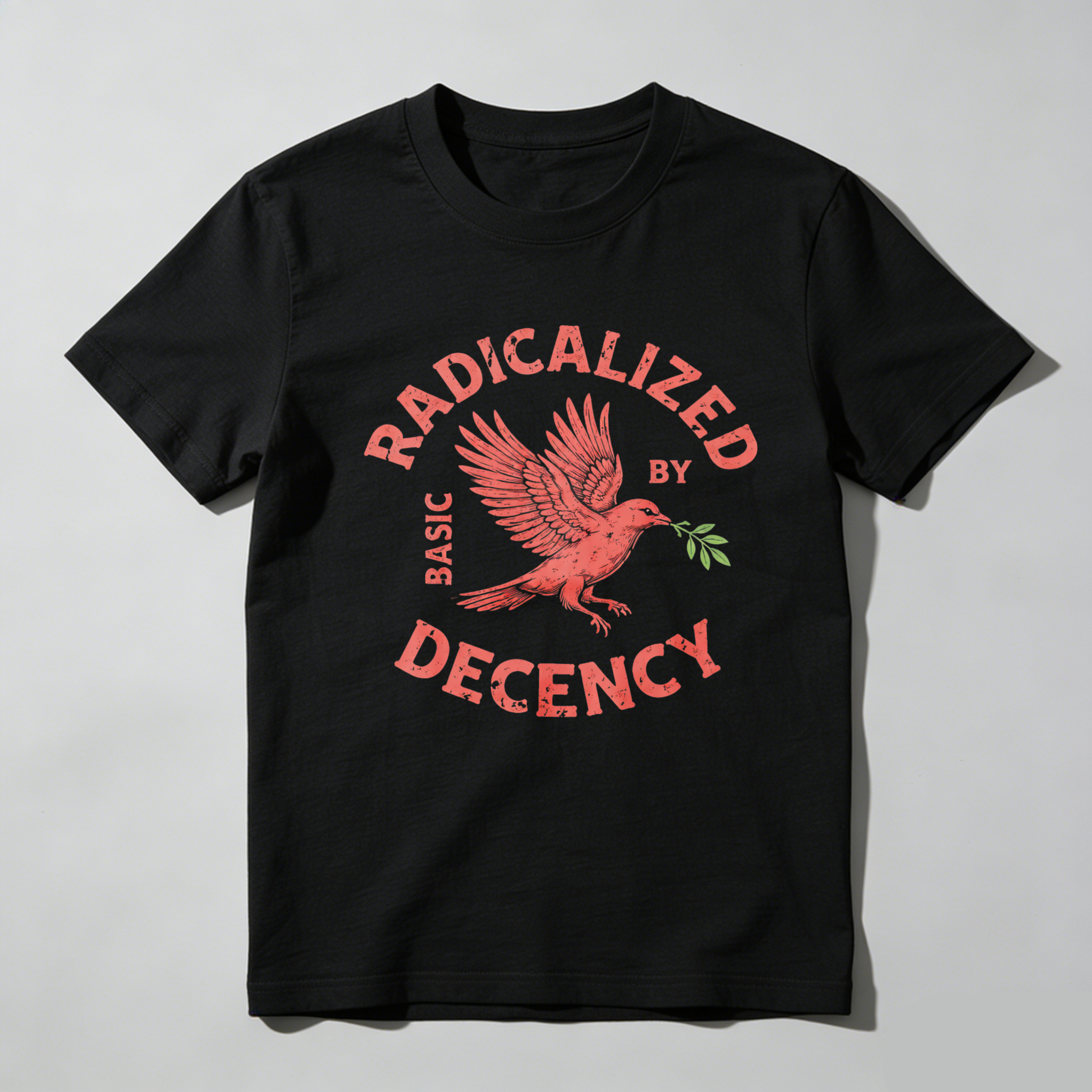 TEECURENTRadicalized By Basic Decency T Shirt With Bird And Olive Branch Design Black Men Women Unisex Apparel-TeeCurent
