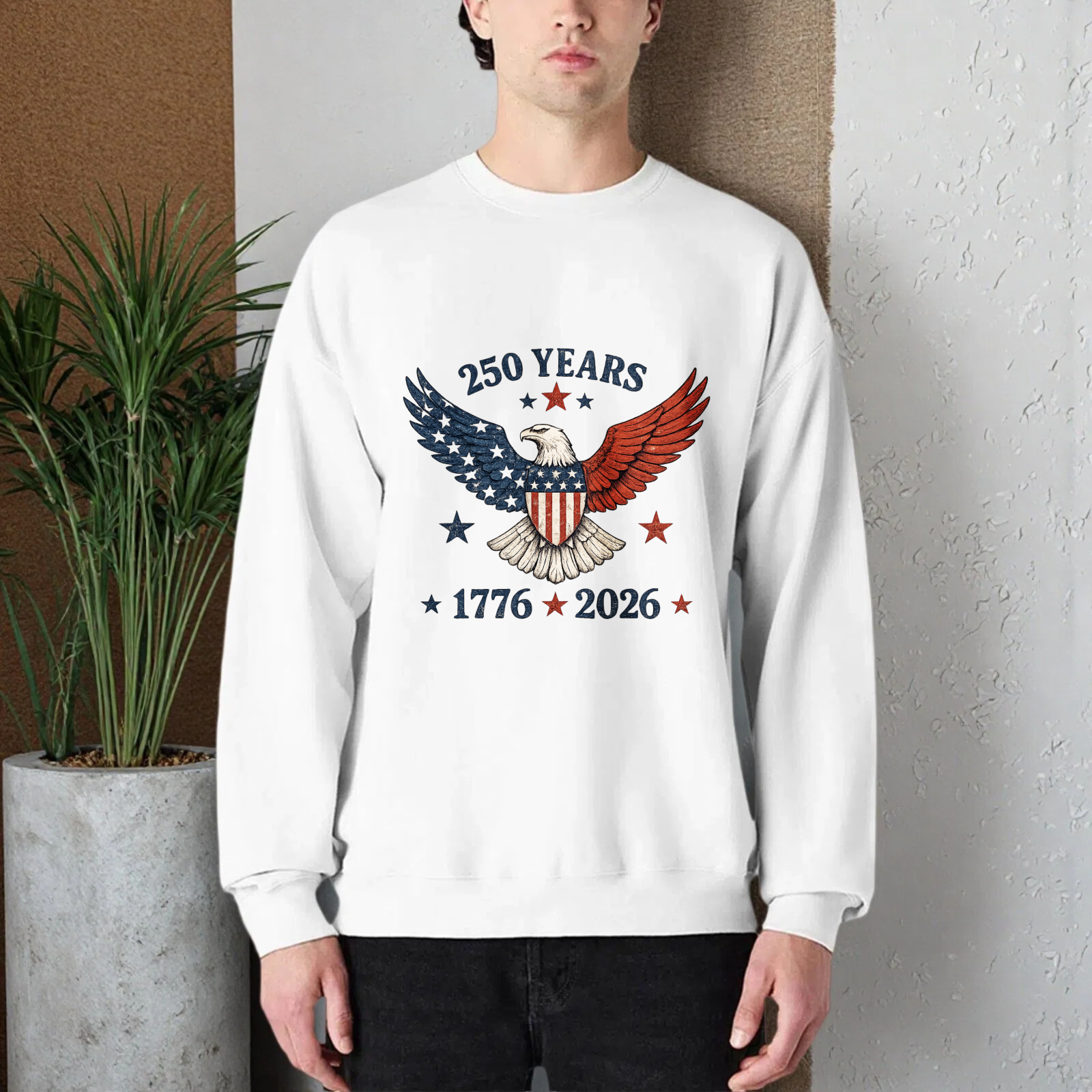 Two Years American Eagle Patriotic Sweatshirt 1776 2026 Independence Day Usa Flag Design Crewneck Pullover Black