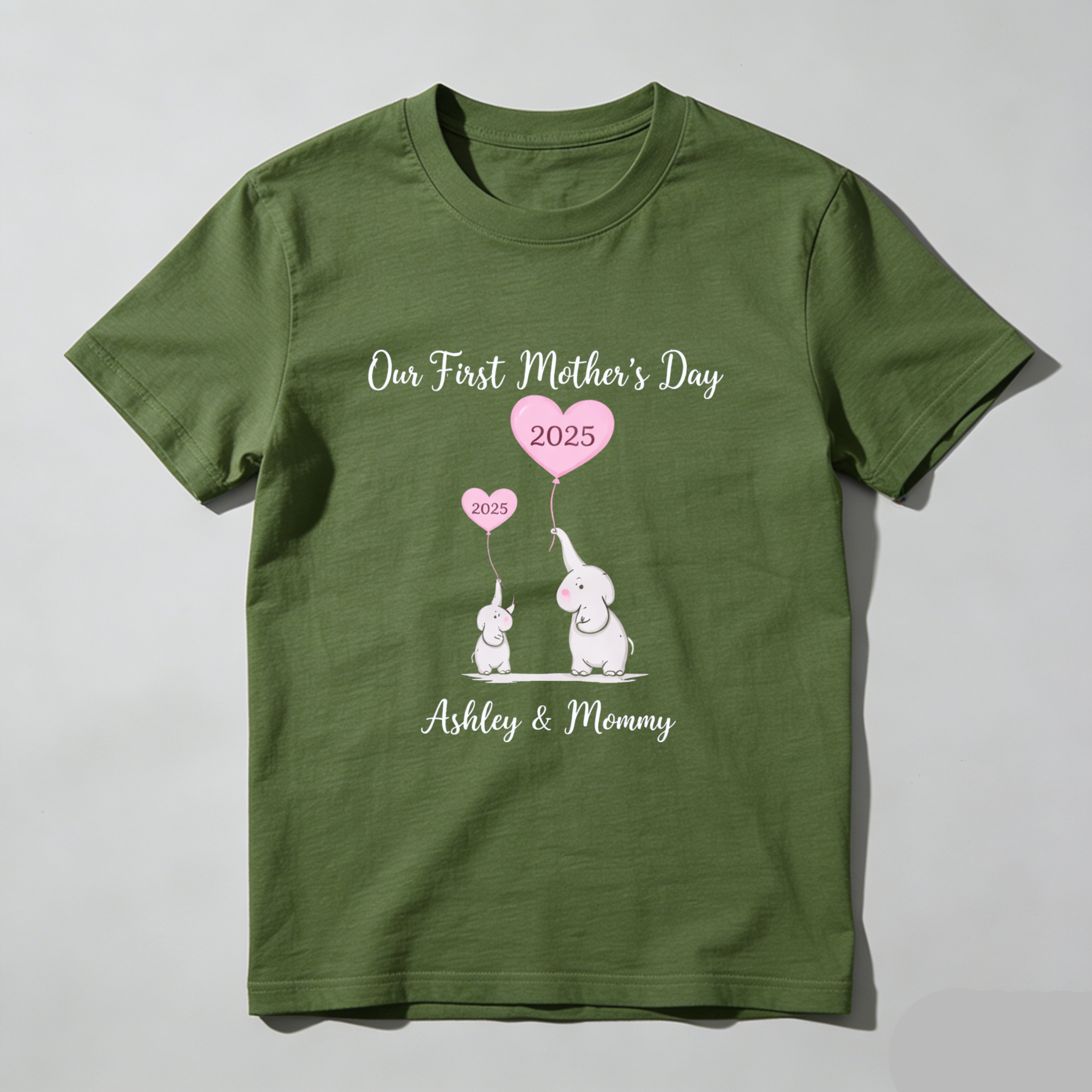 TEECURENT Our First Mothers Day 2025 Elephant Mom And Baby Shirt Ashley And Mommy Custom Motherhood Gift T-Shirt WOMEN