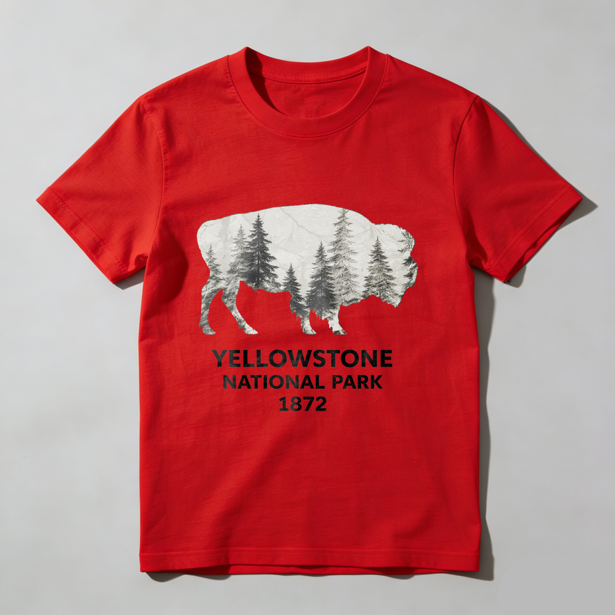 TEECURENT Yellowstone National Park Bison Forest Design T-Shirt 1872 Wildlife Nature Graphic Men's Black Shirt