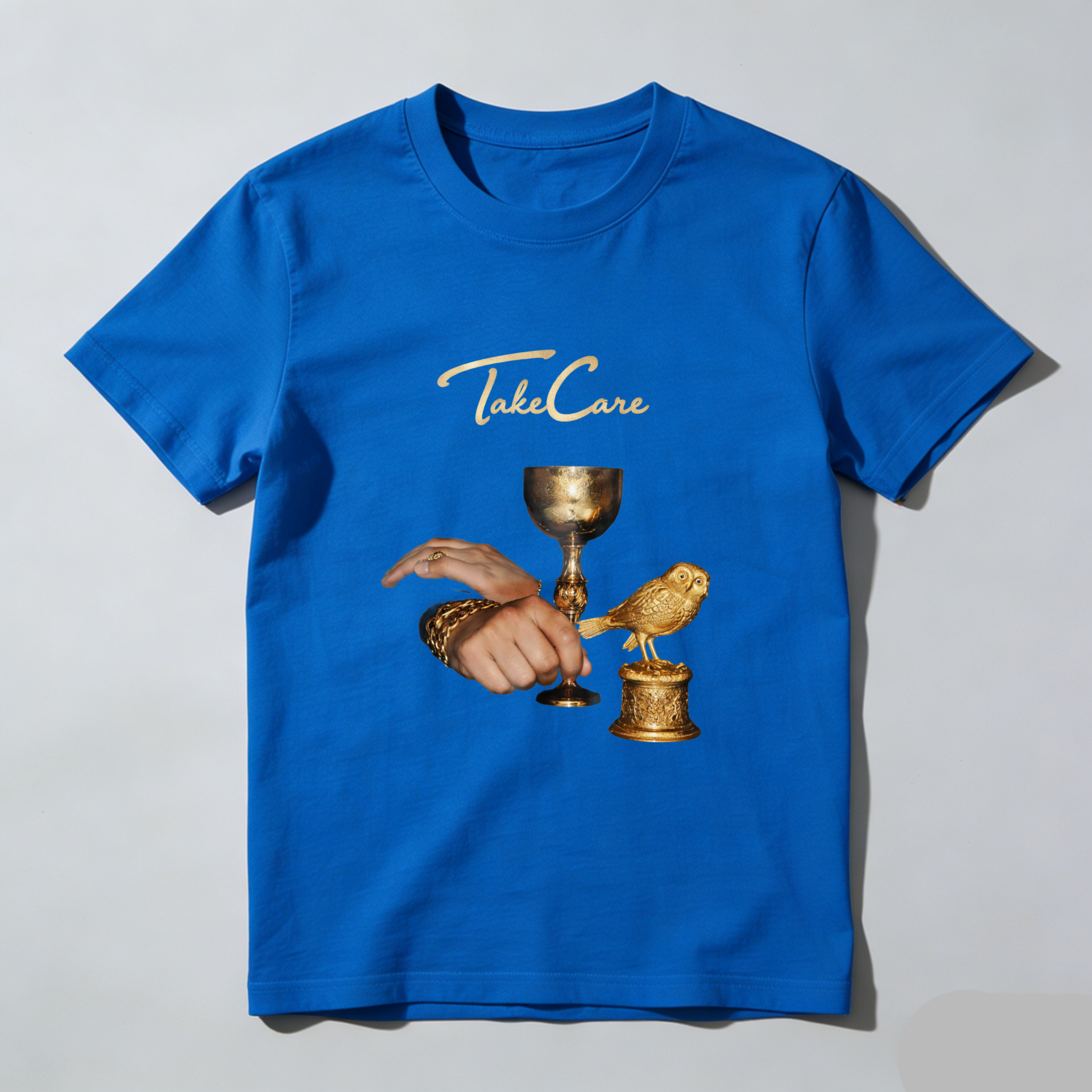 TEECURENT Take Care Golden Bird And Chalice Design T Shirt Men Women Fashion Casual Wear Artistic Statement Graphic Tee