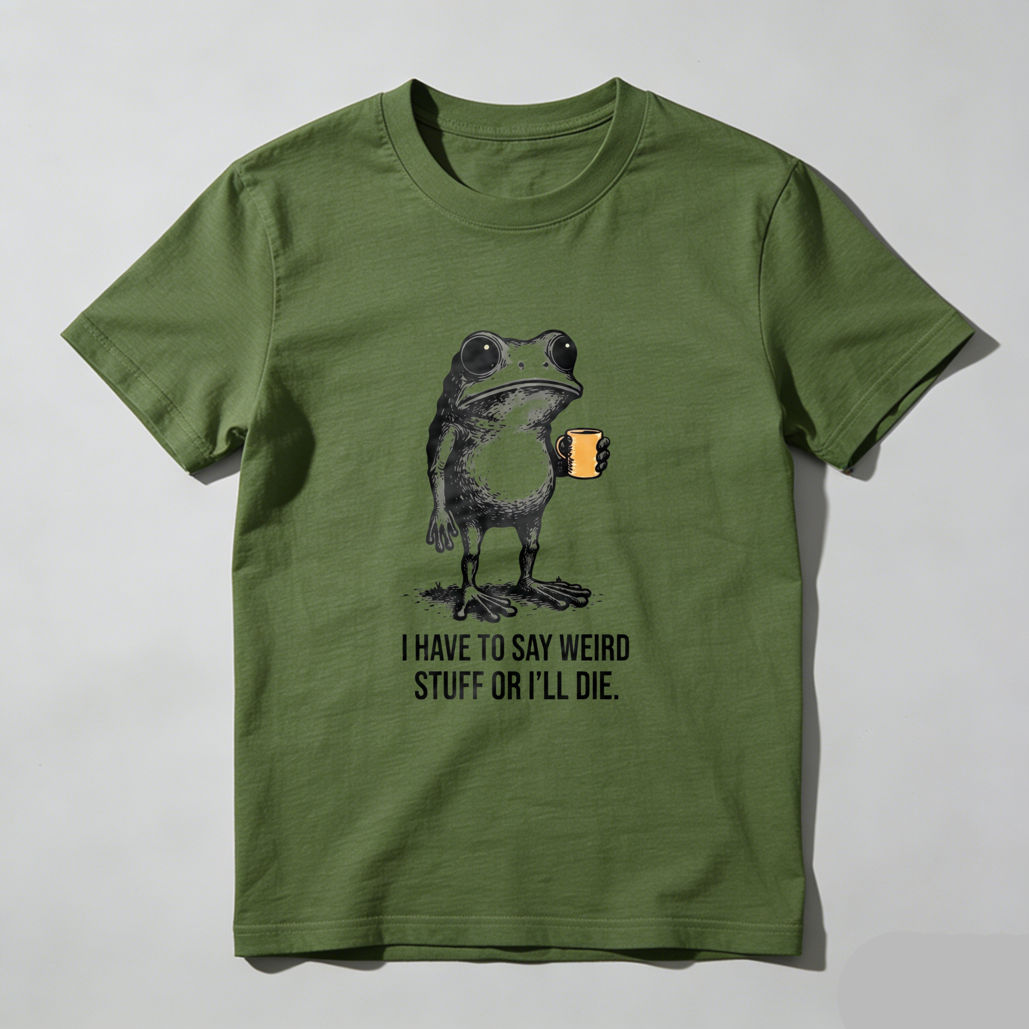 TEECURENT  Frog Holding Mug With Text Pure Cotton Short Sleeve T Shirt- HOT