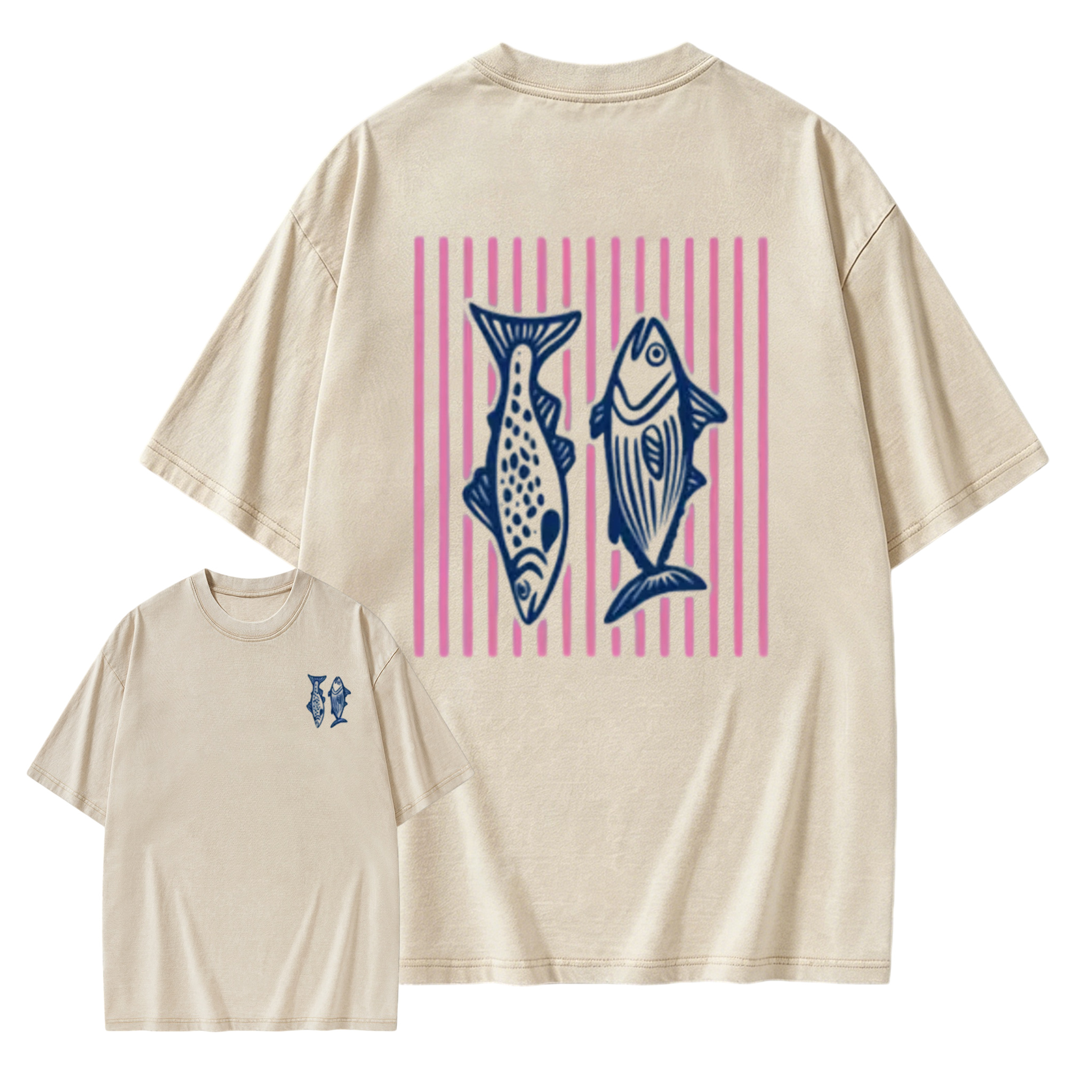 Holafish Heavyweight Cotton Crewneck Streetwear T‑Shirt, Retro Acid Wash Pink Striped Dual‑Side Fish Graphic Printed Unisex Fashion Tees summervibes Casual Top