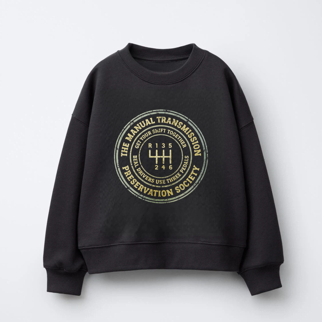 TEECURENT Manual Transmission Preservation Society Sweatshirt Black Crewneck Graphic Pullover For Car Enthusiasts With Gear Shift Design