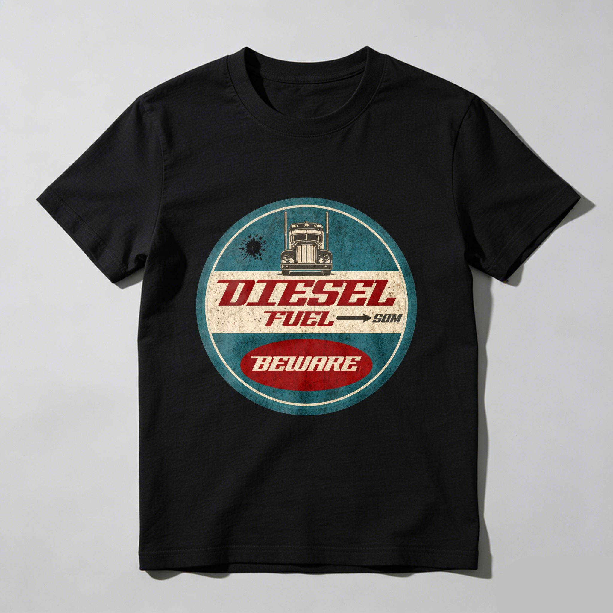 Diesel Fuel Beware Vintage Truck T-Shirt Men's Classic Crewneck Shirt Retro Diesel Engine Design Black Cotton Tee