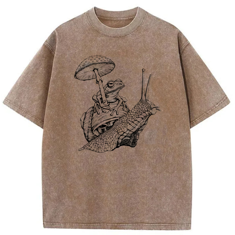 Frog Riding Snail Under Mushroom tshirt 100% cotton