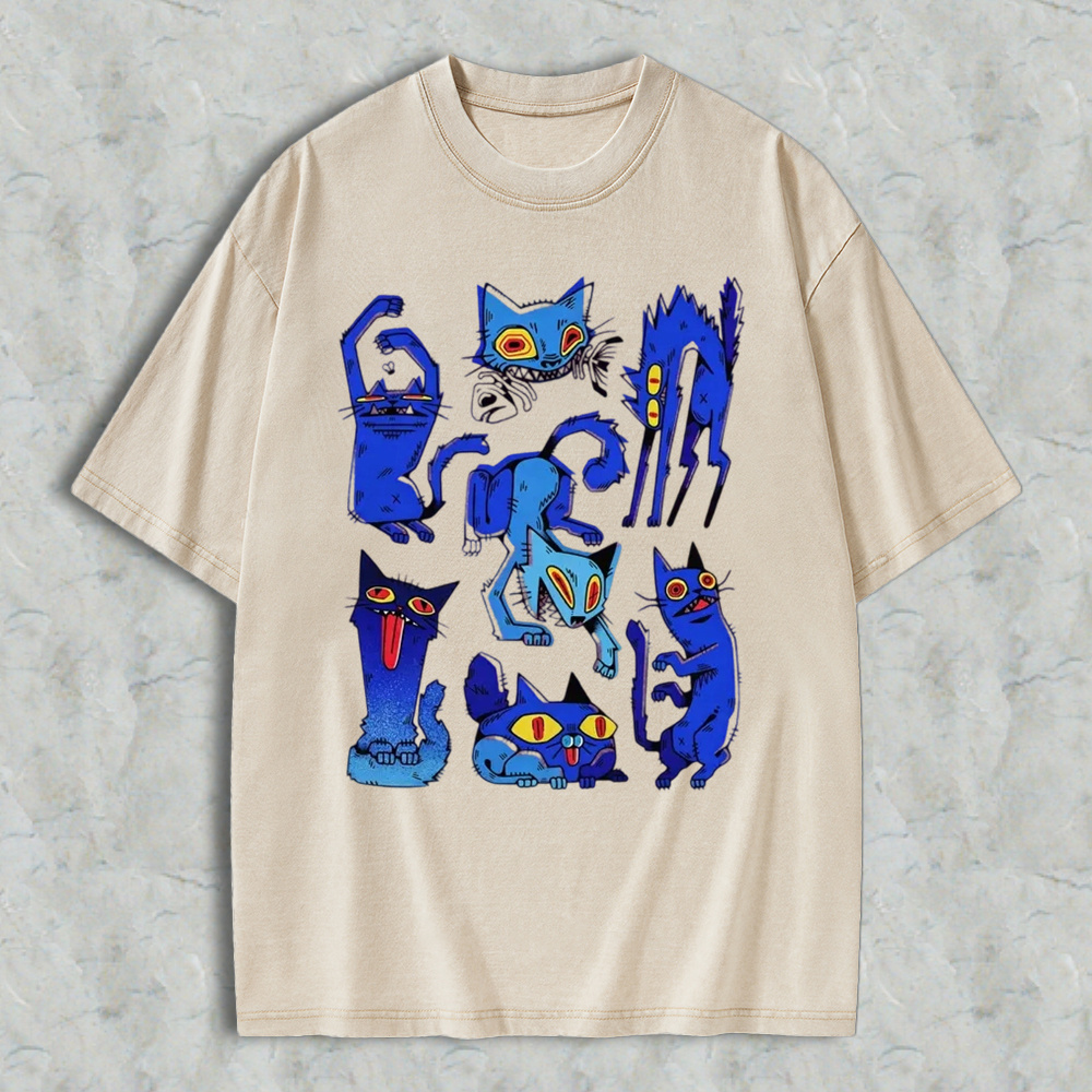 Retro Grunge Blue Crazy Cats Aesthetic T-Shirt, Vintage Washed Tee, Edgy Weird Cat Graphic Shirt, Gift For Alt Cat Lovers