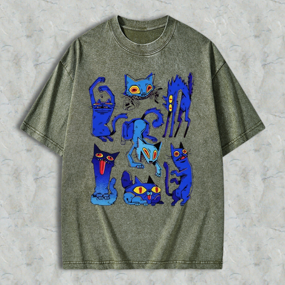 Retro Grunge Blue Crazy Cats Aesthetic T-Shirt, Vintage Washed Tee, Edgy Weird Cat Graphic Shirt, Gift For Alt Cat Lovers