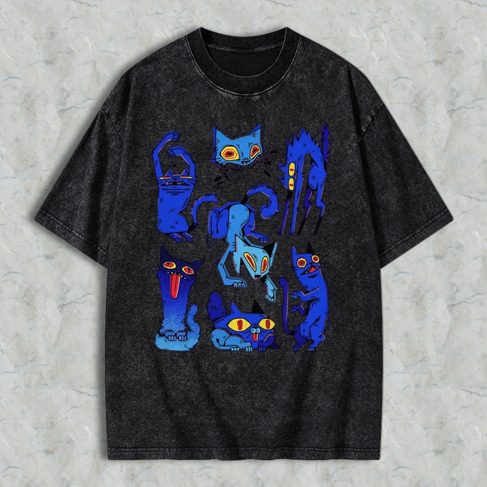 Retro Grunge Blue Crazy Cats Aesthetic T-Shirt, Vintage Washed Tee, Edgy Weird Cat Graphic Shirt, Gift For Alt Cat Lovers