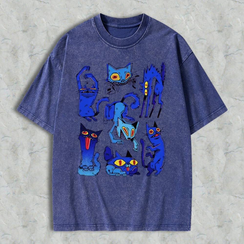 Retro Grunge Blue Crazy Cats Aesthetic T-Shirt, Vintage Washed Tee, Edgy Weird Cat Graphic Shirt, Gift For Alt Cat Lovers
