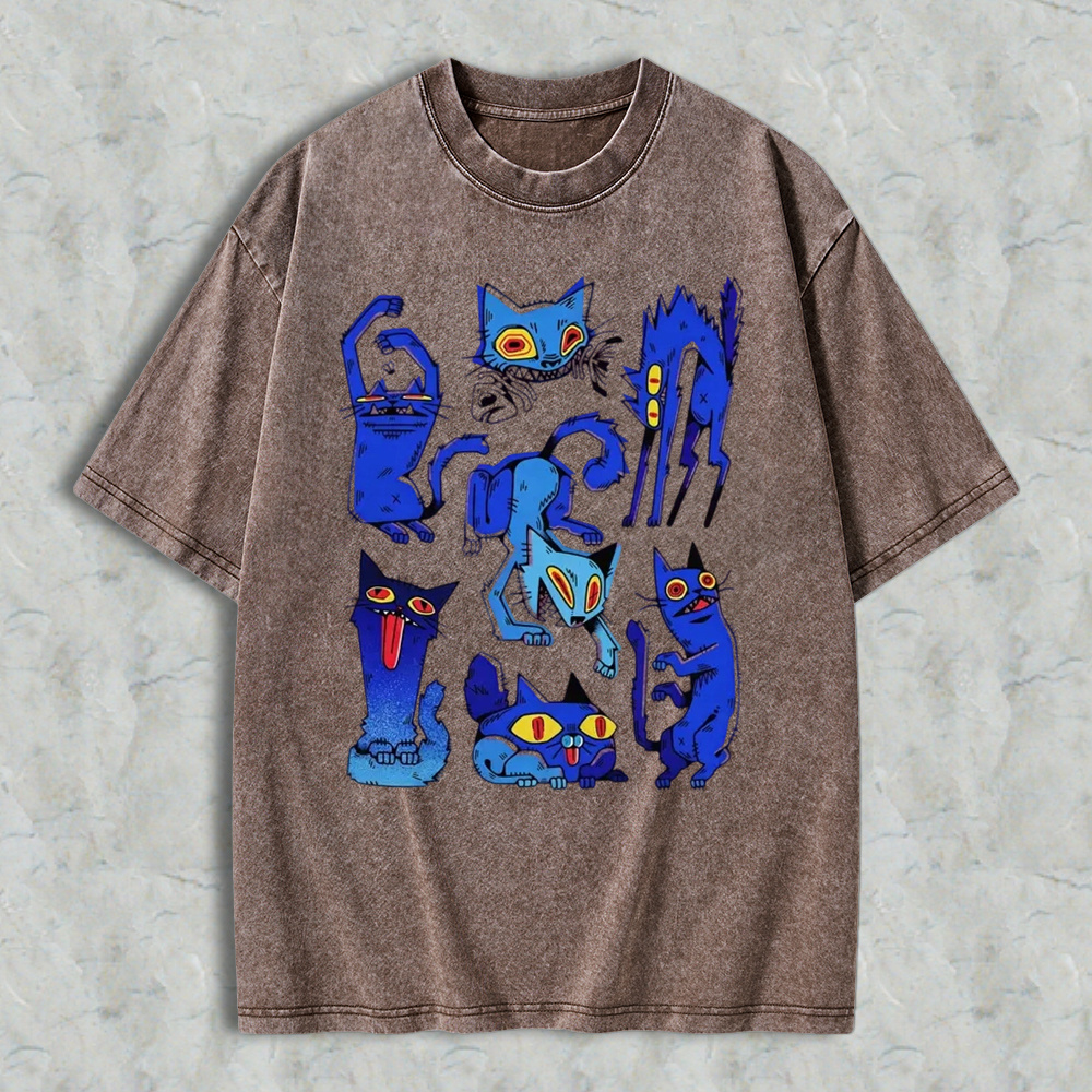 Retro Grunge Blue Crazy Cats Aesthetic T-Shirt, Vintage Washed Tee, Edgy Weird Cat Graphic Shirt, Gift For Alt Cat Lovers