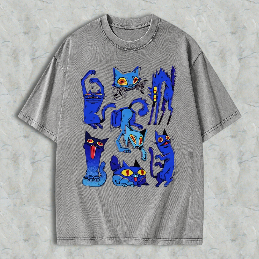 Retro Grunge Blue Crazy Cats Aesthetic T-Shirt, Vintage Washed Tee, Edgy Weird Cat Graphic Shirt, Gift For Alt Cat Lovers