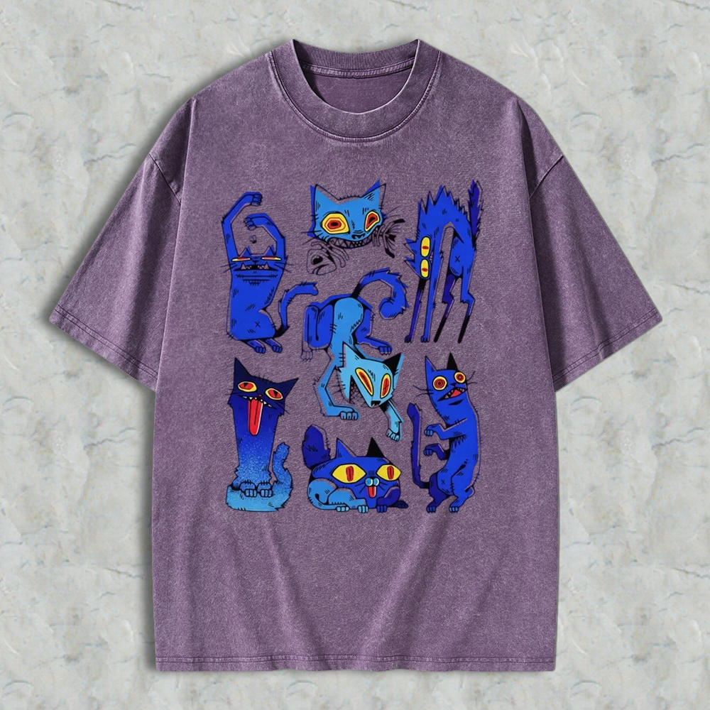 Retro Grunge Blue Crazy Cats Aesthetic T-Shirt, Vintage Washed Tee, Edgy Weird Cat Graphic Shirt, Gift For Alt Cat Lovers