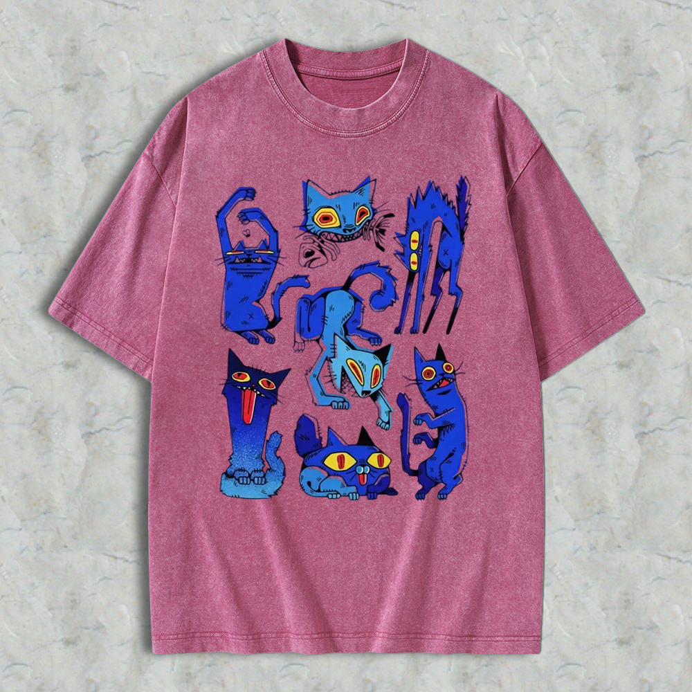 Retro Grunge Blue Crazy Cats Aesthetic T-Shirt, Vintage Washed Tee, Edgy Weird Cat Graphic Shirt, Gift For Alt Cat Lovers