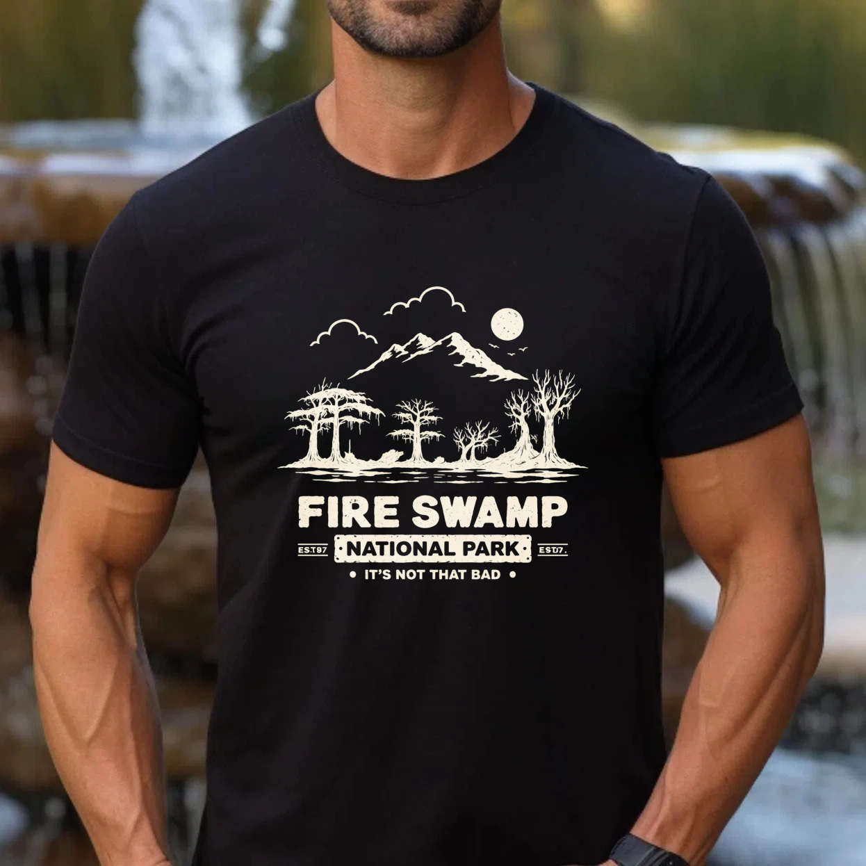 TEECURENT Fire Swamp National Park T Shirt Its Not That Bad Mountain Landscape Design Black Men Women Unisex Casual Tee