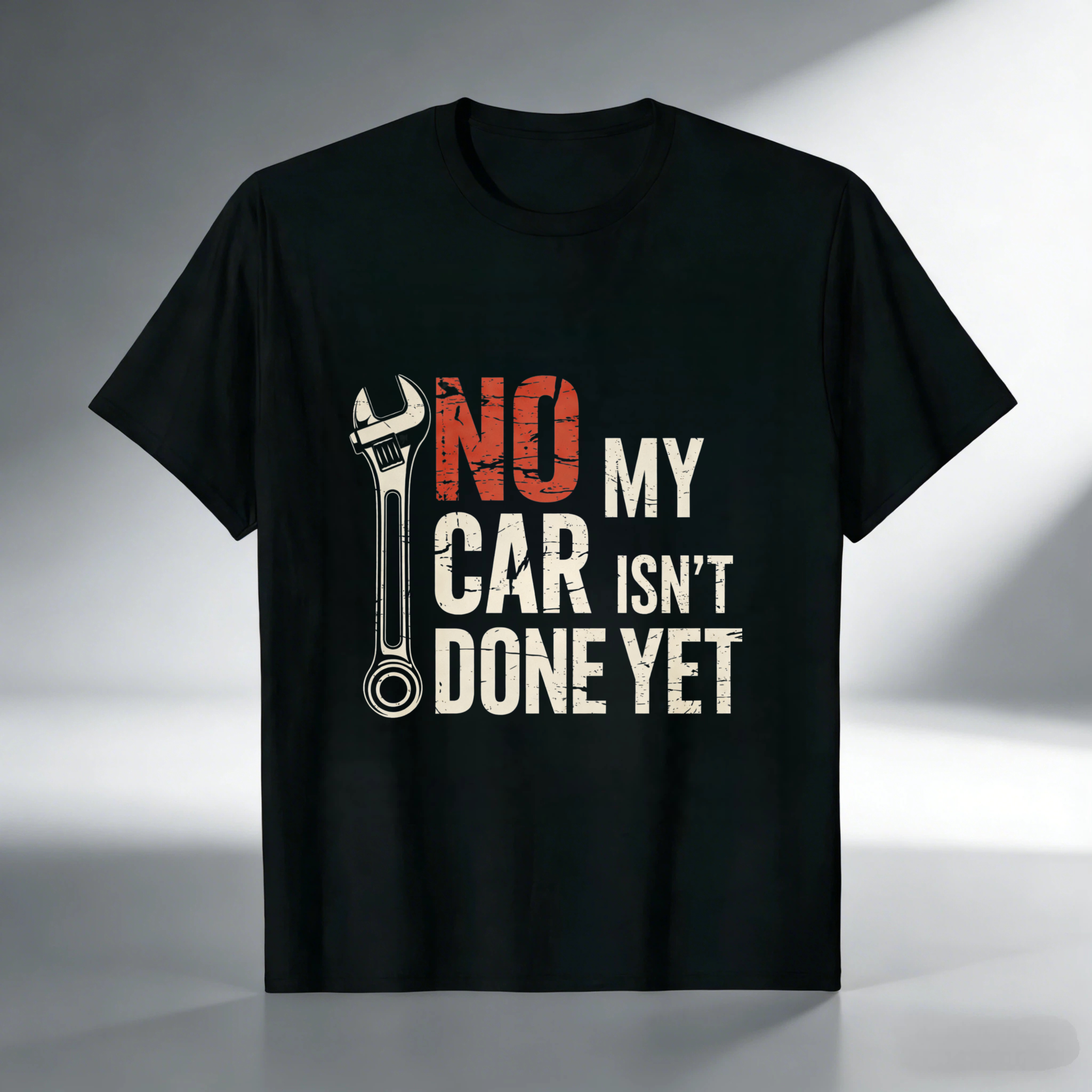 No My Car Isn't Done Yet Mechanic T Shirt With Wrench Graphic For Auto Repair Enthusiasts