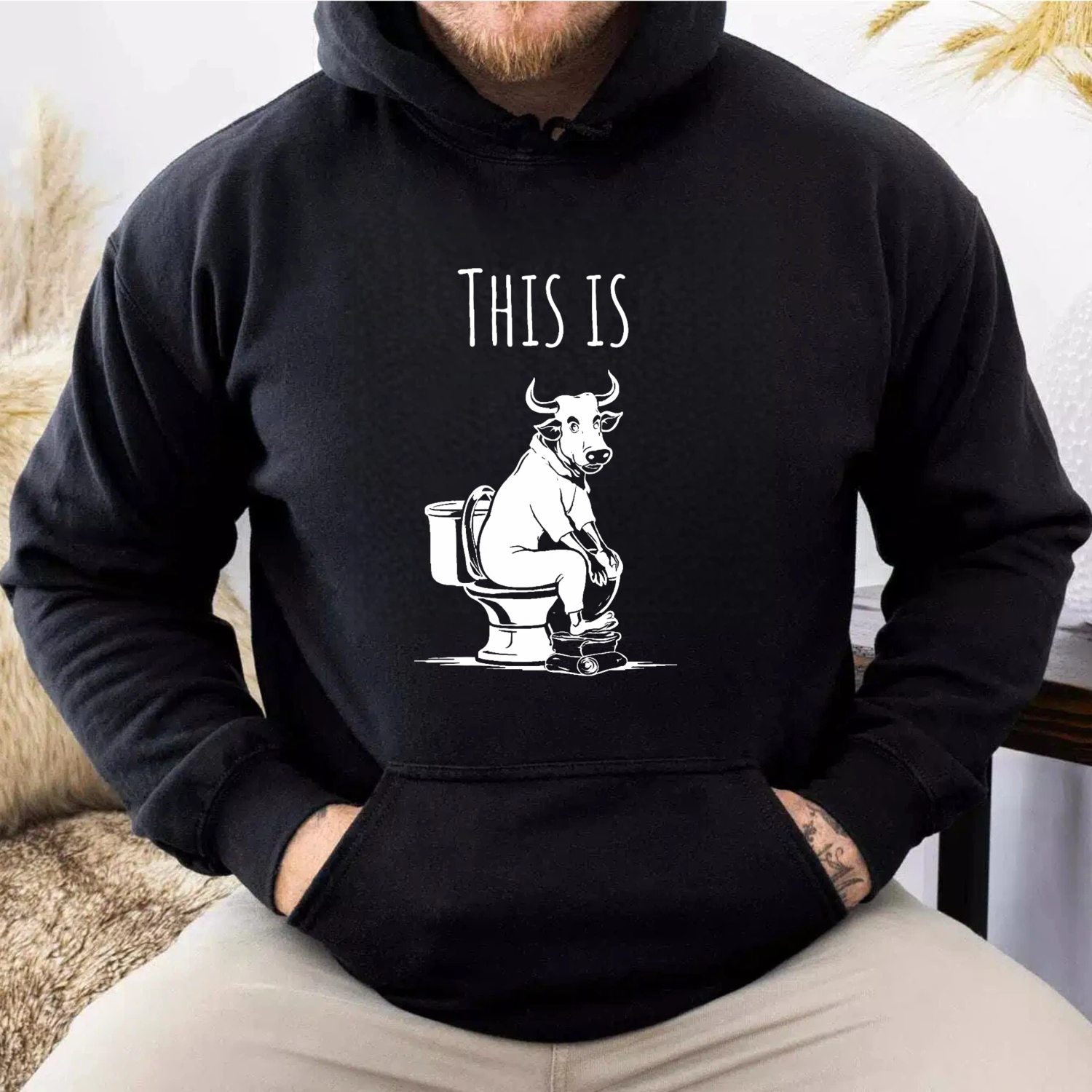 TEECURENT Gildan This Is Bull Cow On Toilet Humor Sweatshirt Hoodie Funny Animal Graphic Pullover Unisex Casual Wear