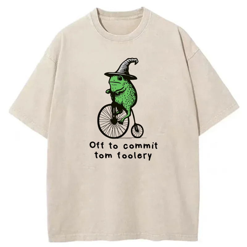 Frog On Bicycle Wearing Hat   Off To Commit Tom Foolery tshirt 100% cotton