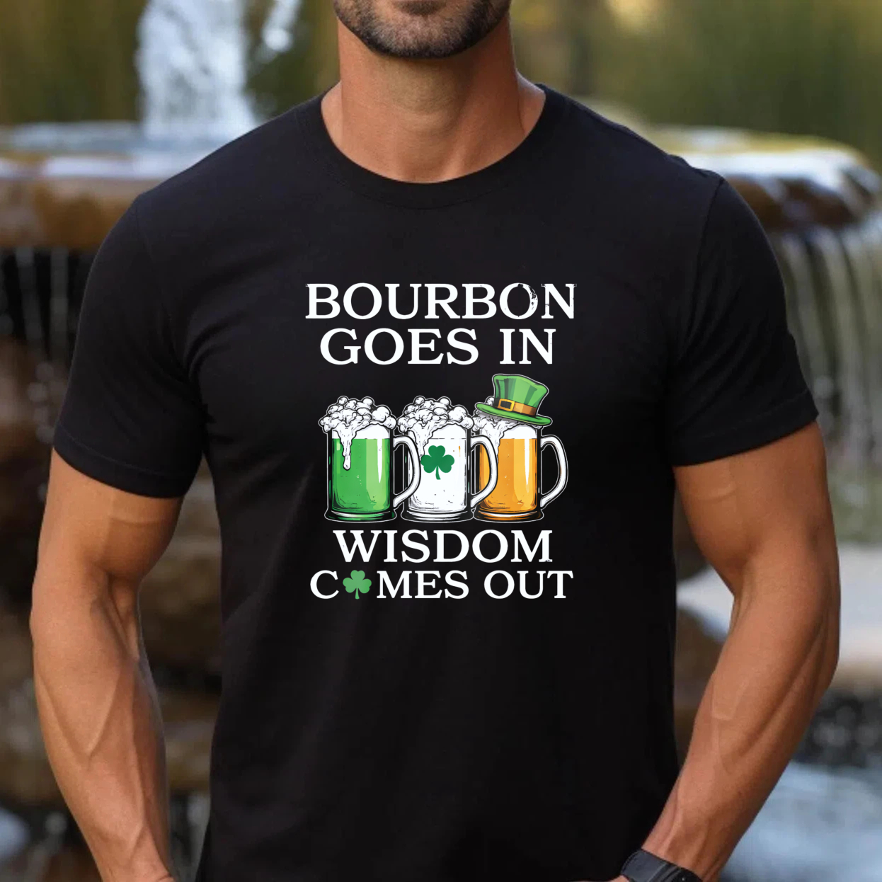 TEECURENT Bourbon Goes In Wisdom Comes Out St Patrick's Day Beer Shirt With Shamrock And Mug Design For Men Women Unisex T-Shirt