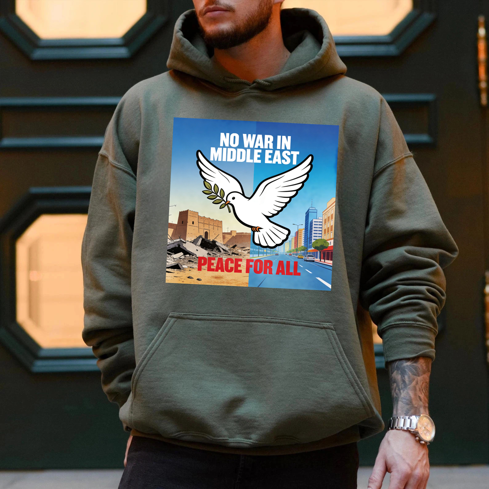 TEECURENT No War In Middle East Peace For All Hoodie With Dove And Olive Branch Graphic Design For Peace Advocacy And Social Awareness