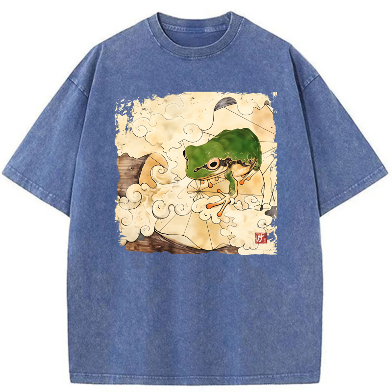 Frog On Clouds With Traditional Art Style tshirt 100% cotton