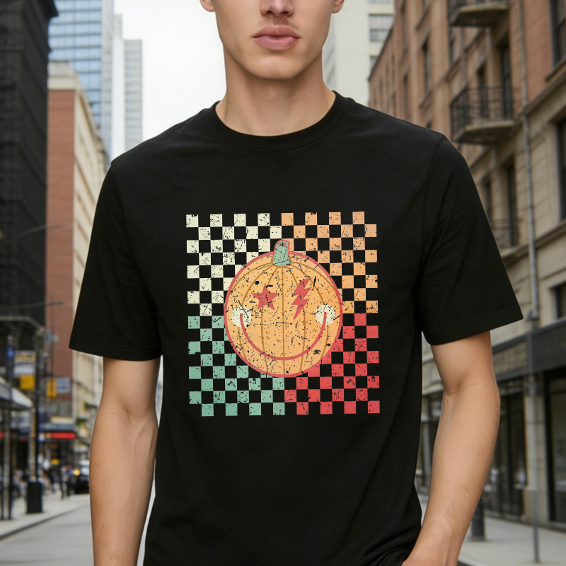 Smiling Pumpkin With Lightning Eyes On Multicolor Checkerboard Background Unisex Classic T-shirt
