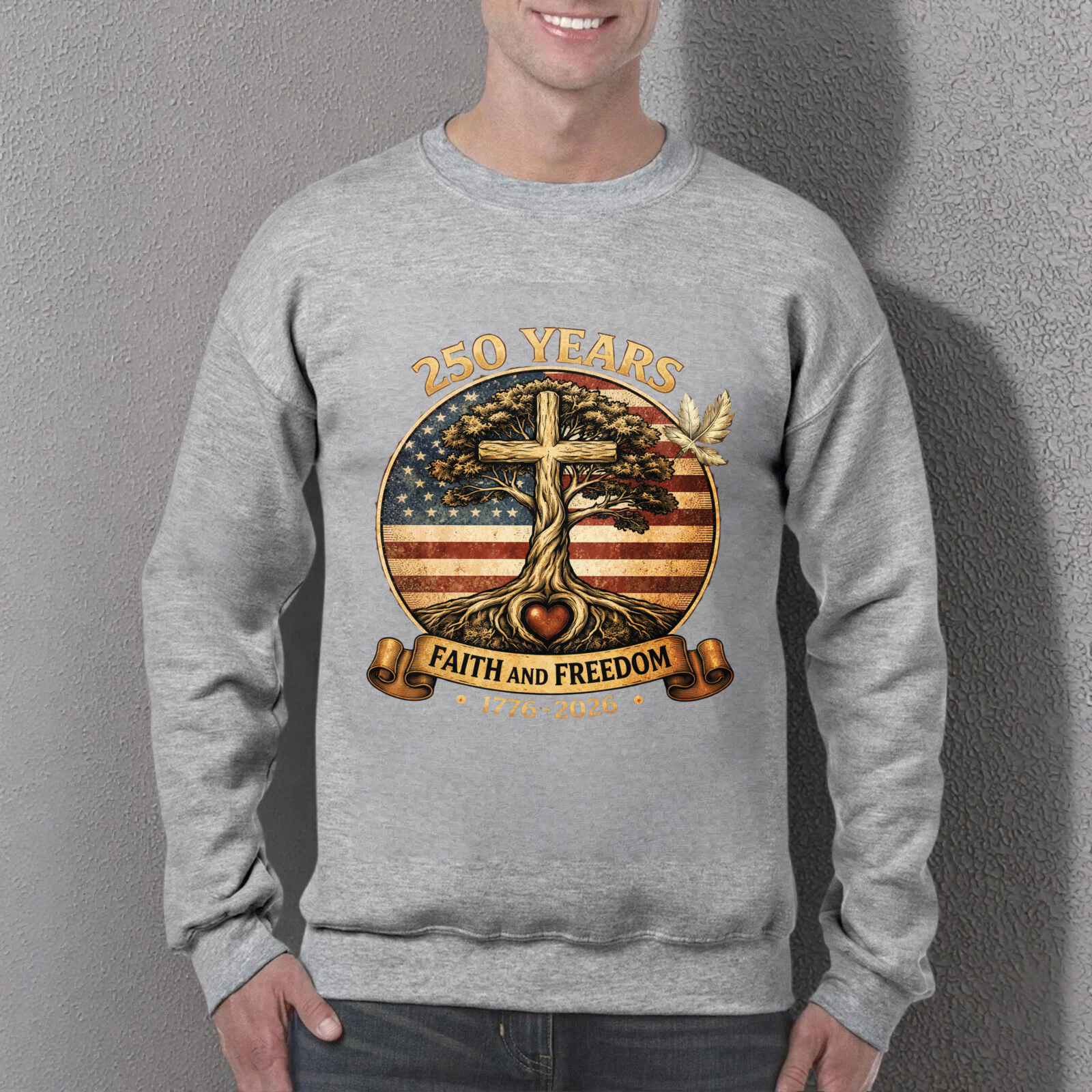 250 Years Faith And Freedom 1776 2026 American Flag Cross Tree Sweatshirt