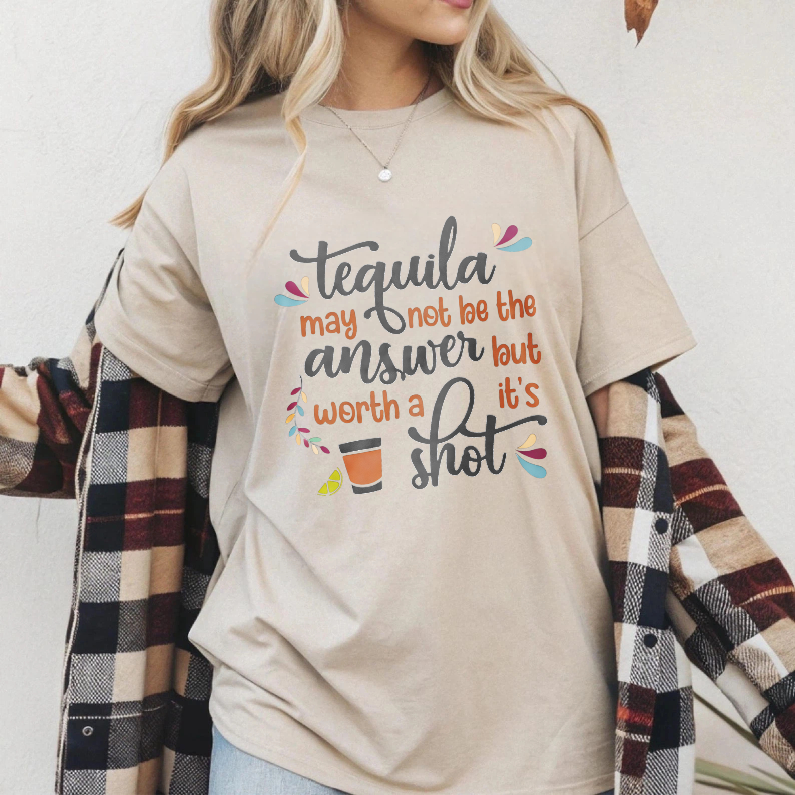 TEECURENT Tequila May Not Be The Answer But Its Worth A Shot Funny T-Shirt For Women And Men With Tequila Quote And Cocktail Design WOMEN